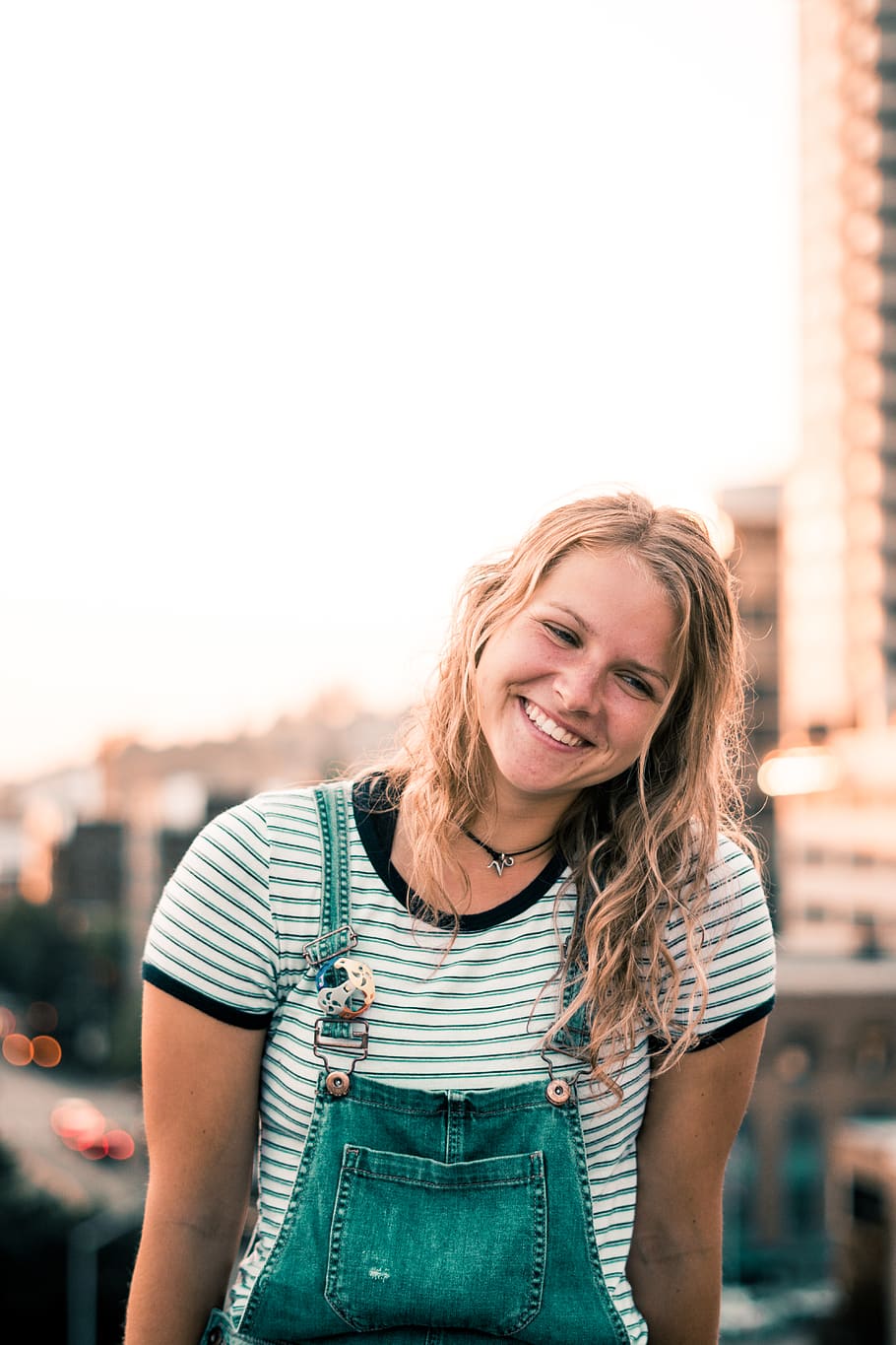 Hd Wallpaper Woman In Blue Denim Dungarees Smiling Happiness Casual