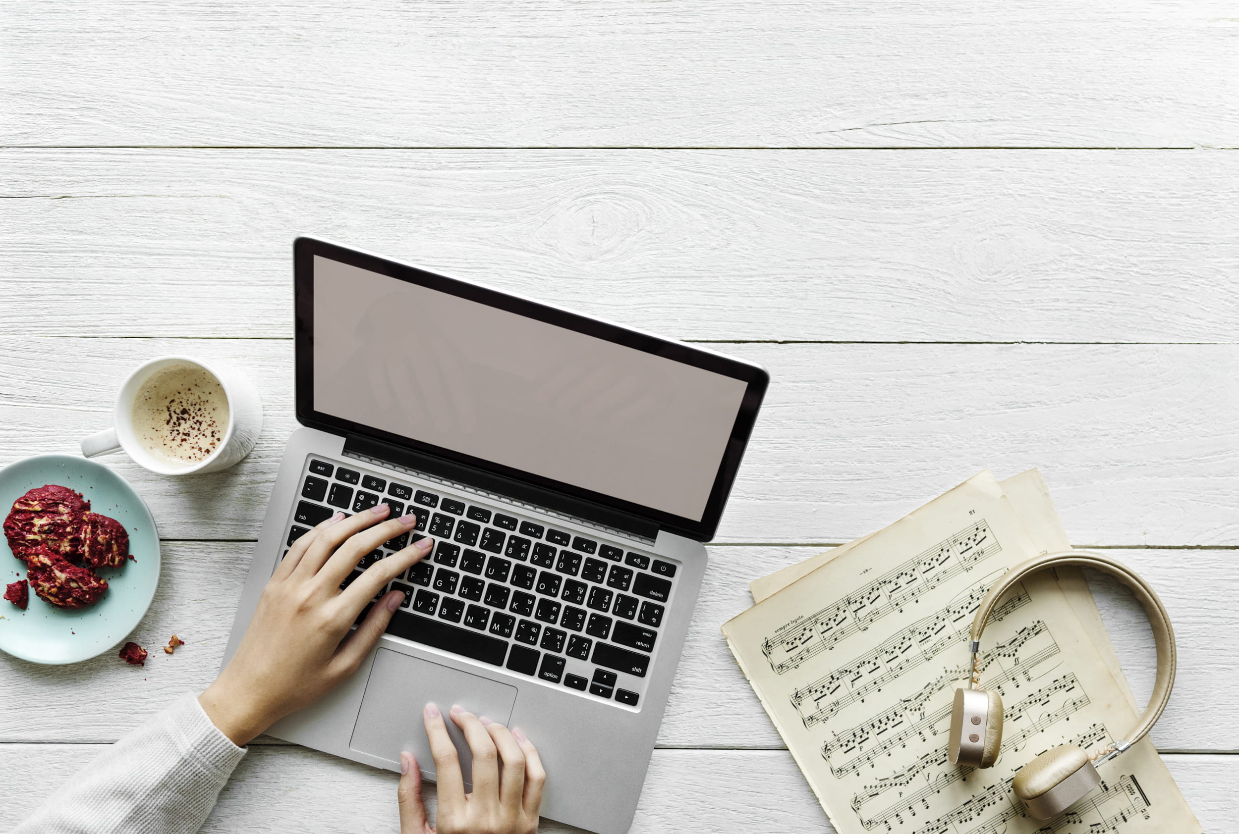 Person Using Macbook Pro, coffee, electronics, flatlay, hands