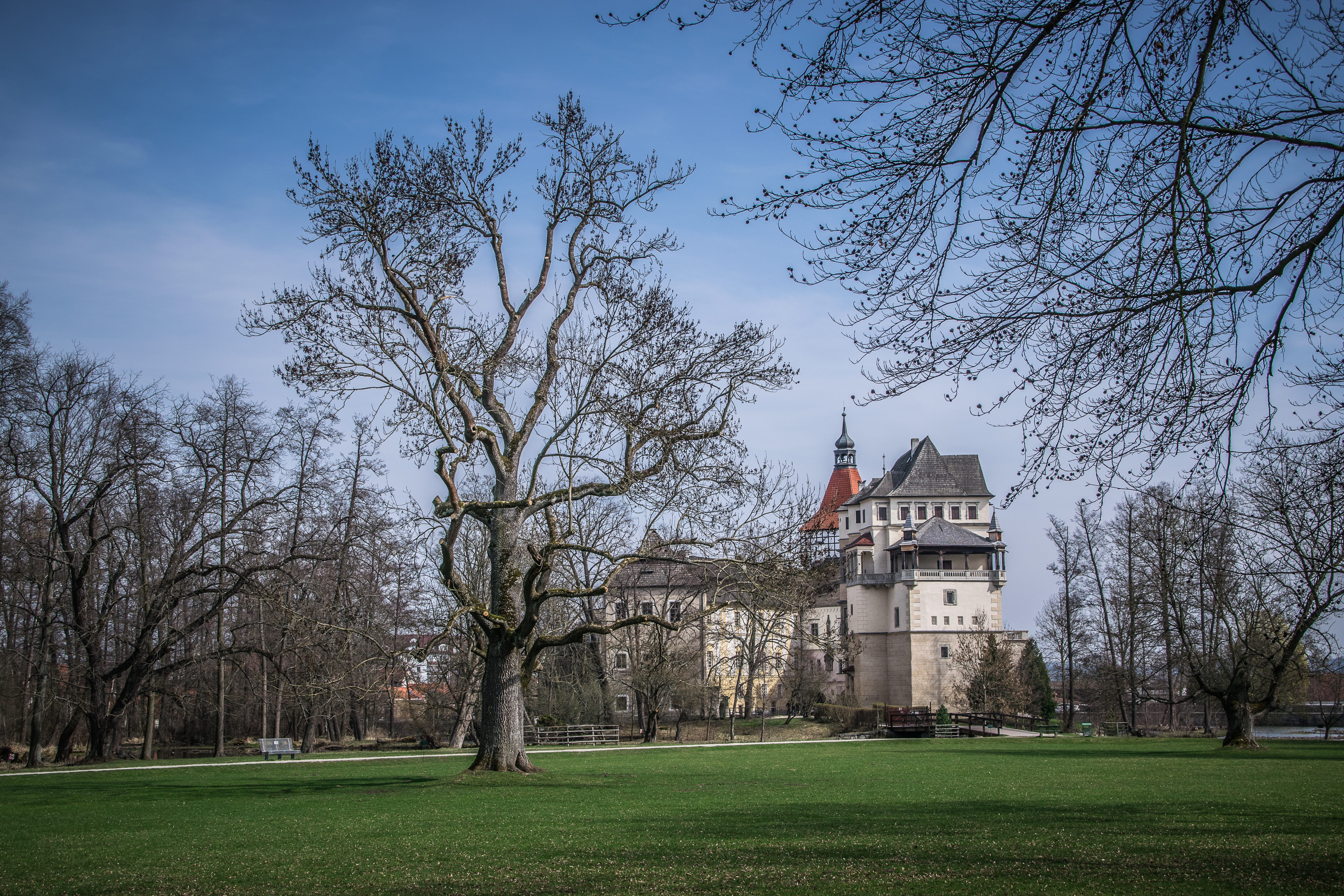 park, spring, trees, castle, scenery, plant, built structure