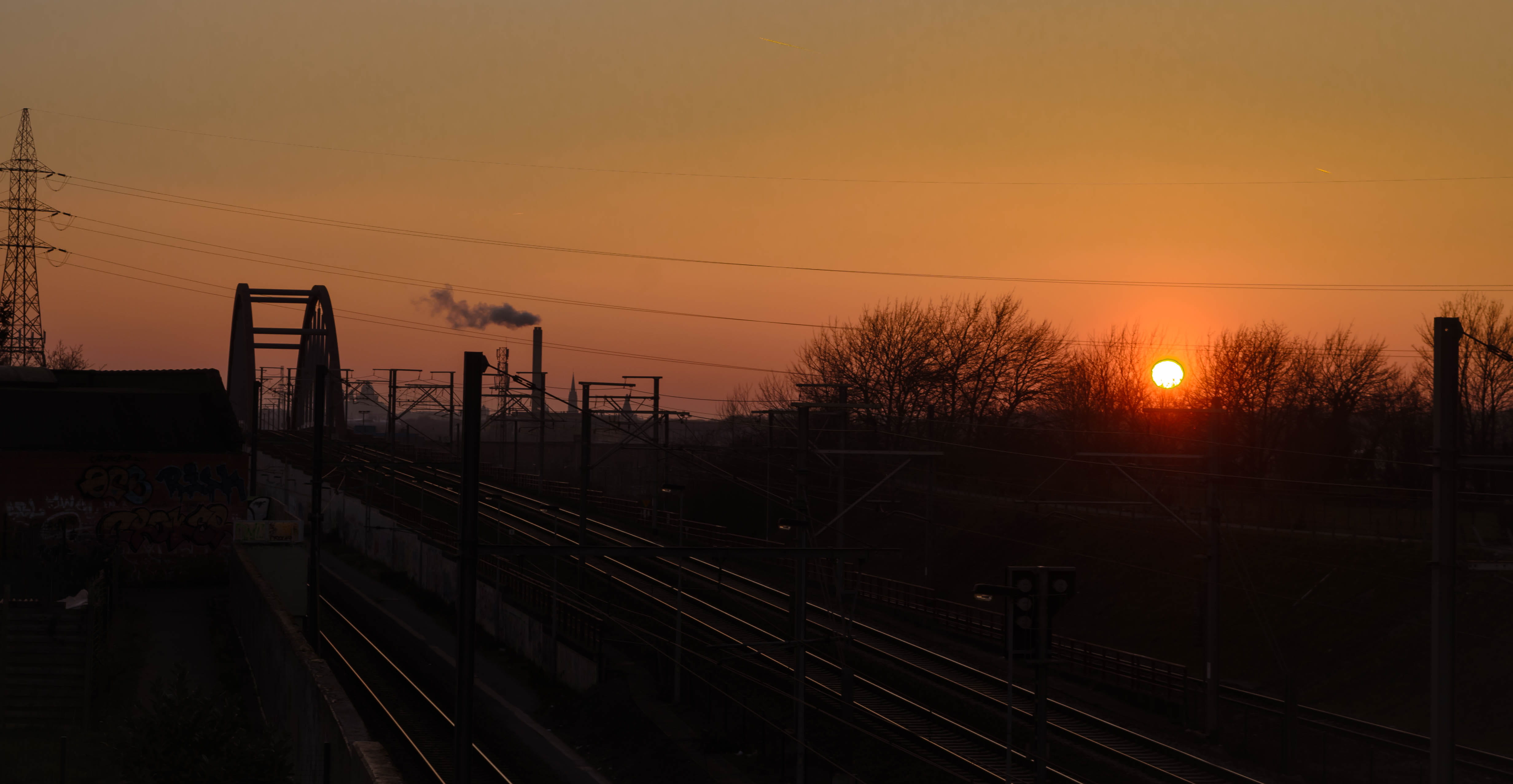 spring, skyline, powerplant, sunset, rail transportation, track