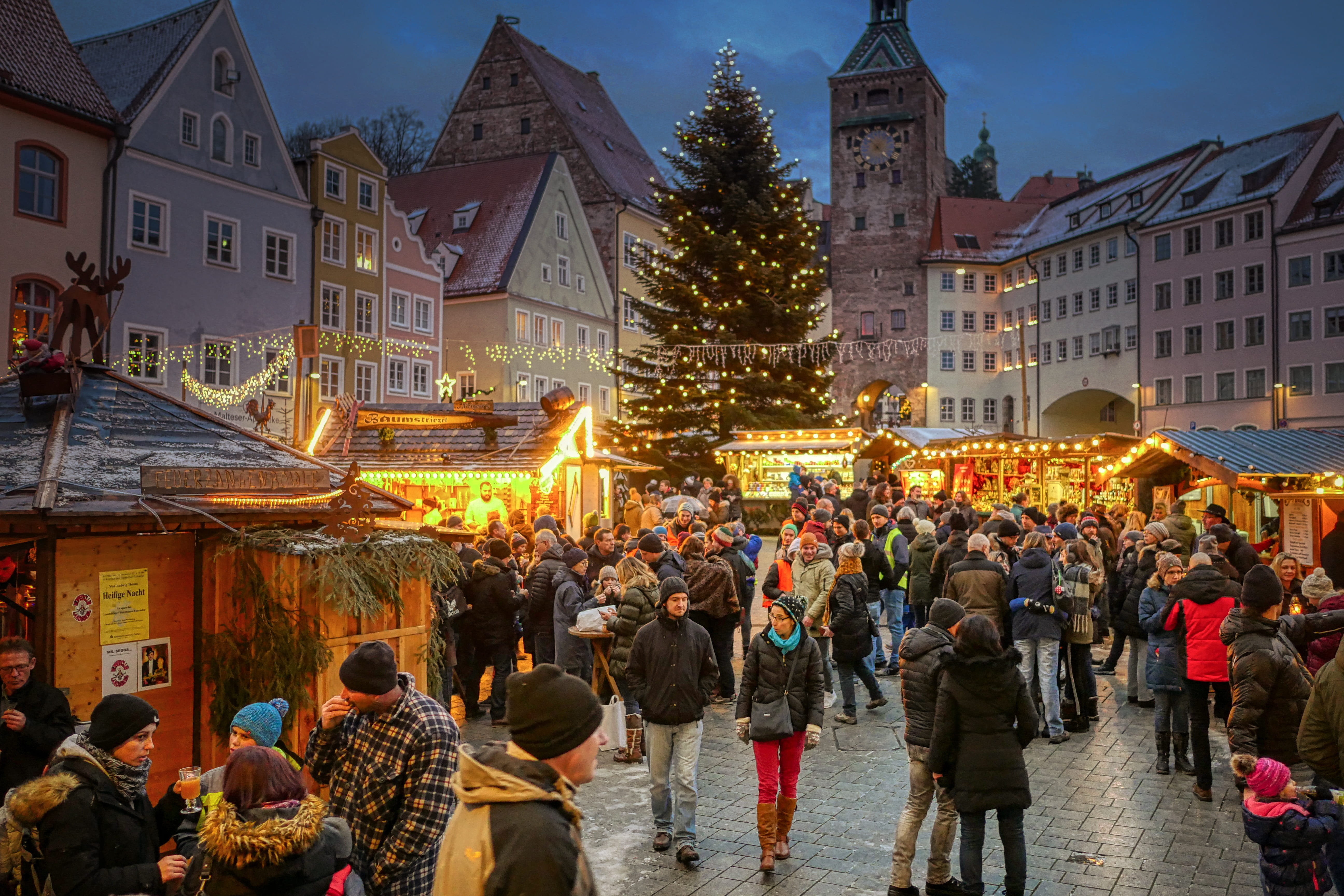 christmas market, landsberg am lech, historic center, tower