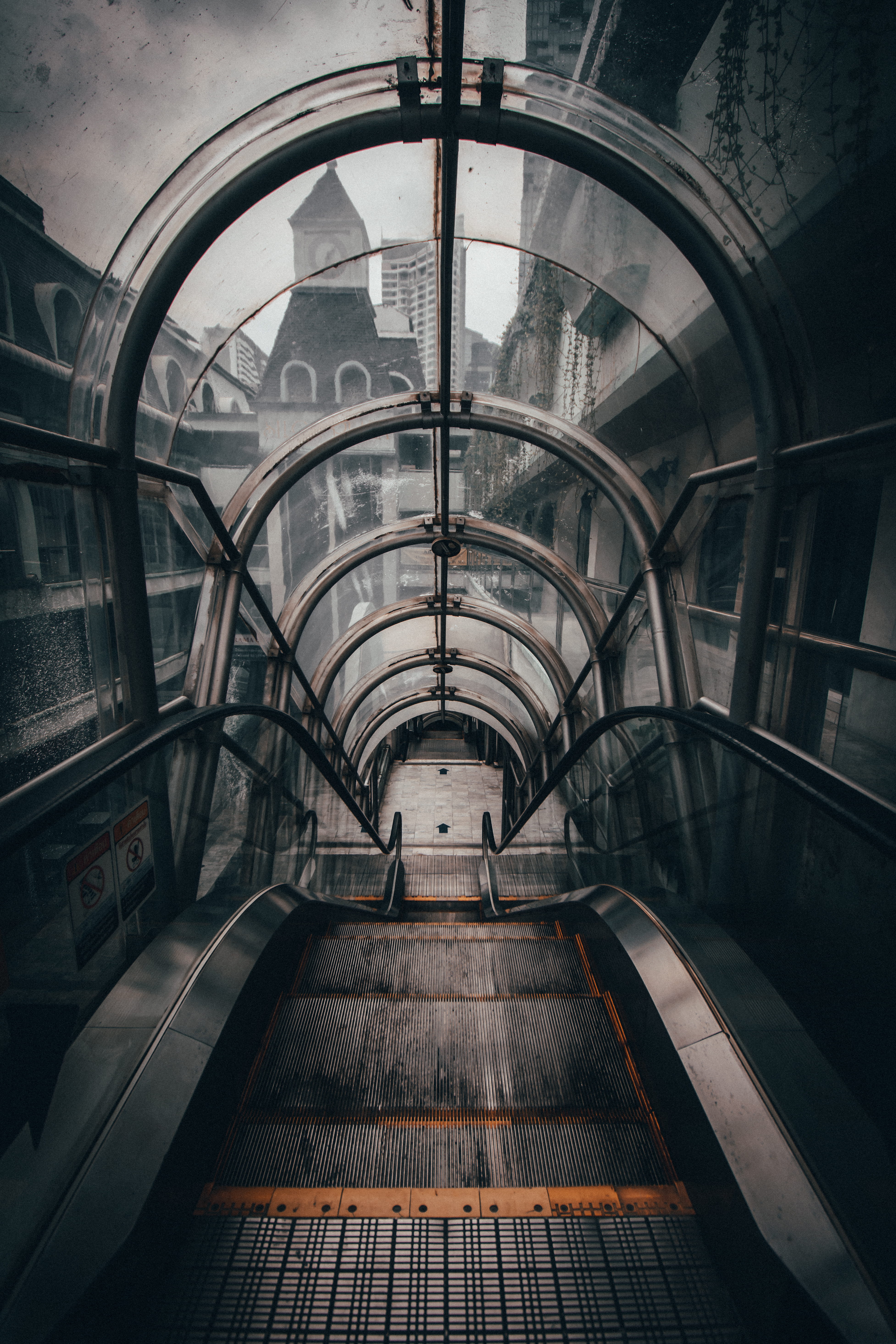 gray empty escalator, arch, architecture, built structure, indoors