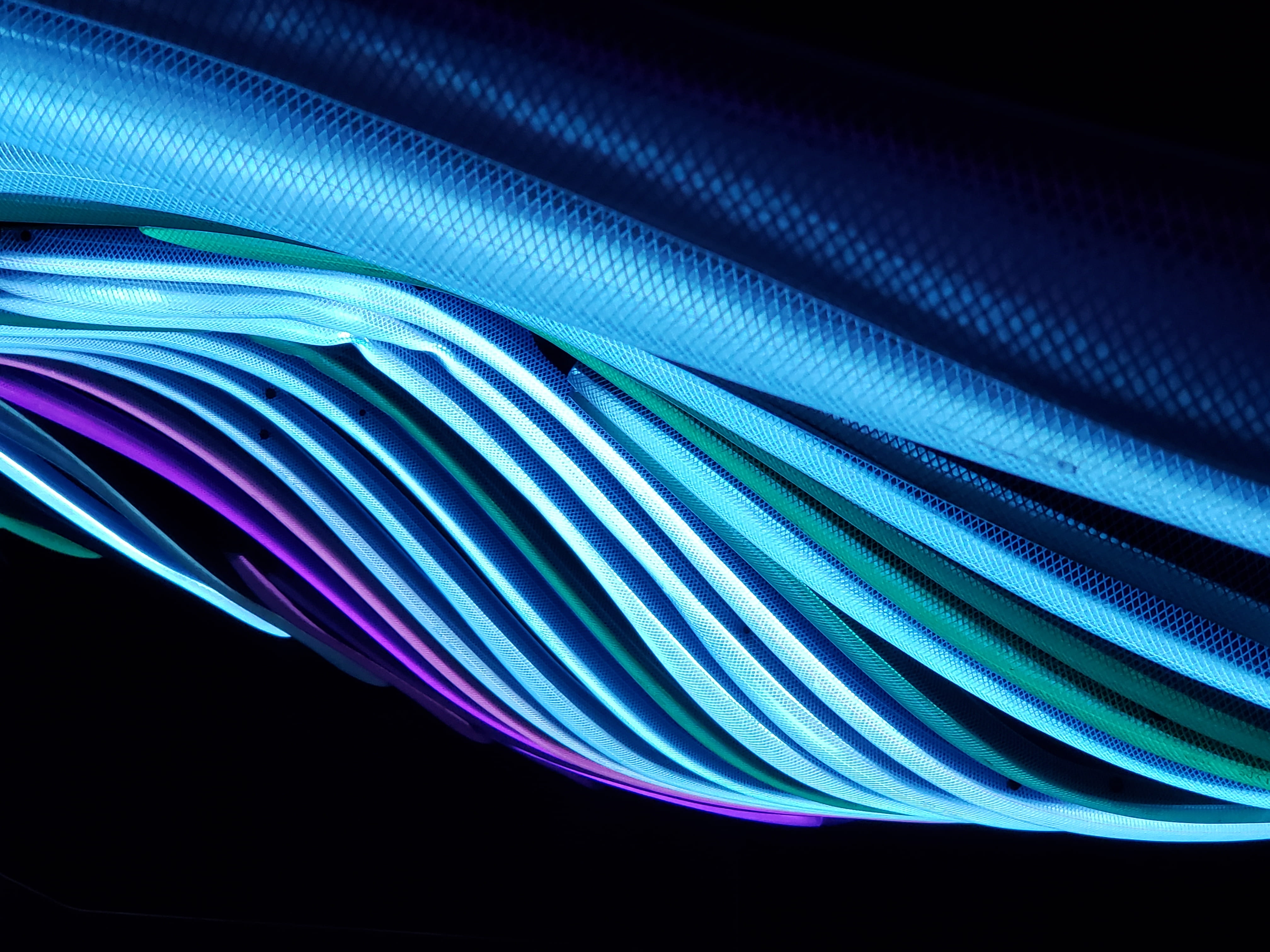 multicolored textile, pattern, illuminated, abstract, black background