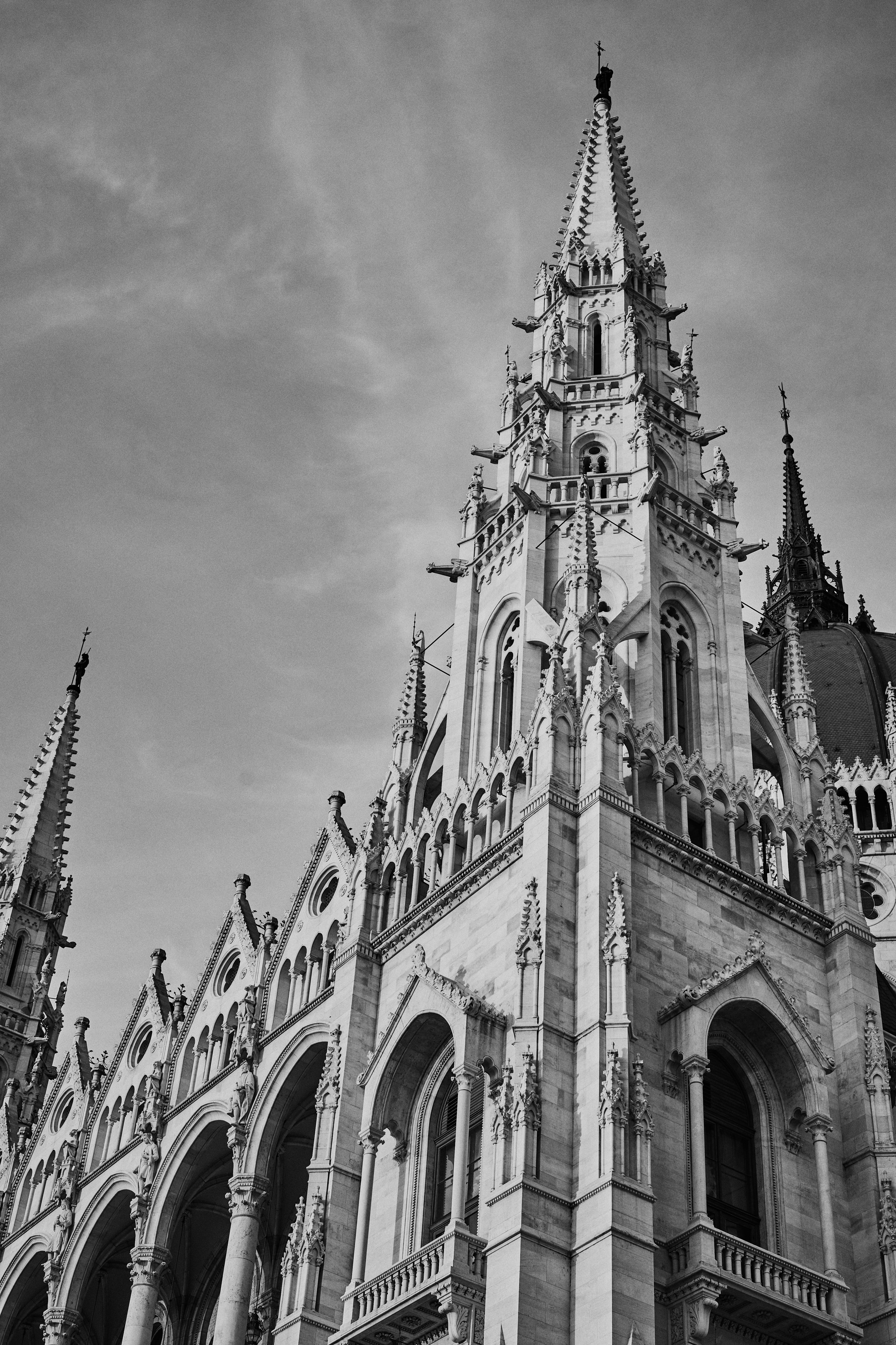 gray scale castle, building, tower, architecture, steeple, spire