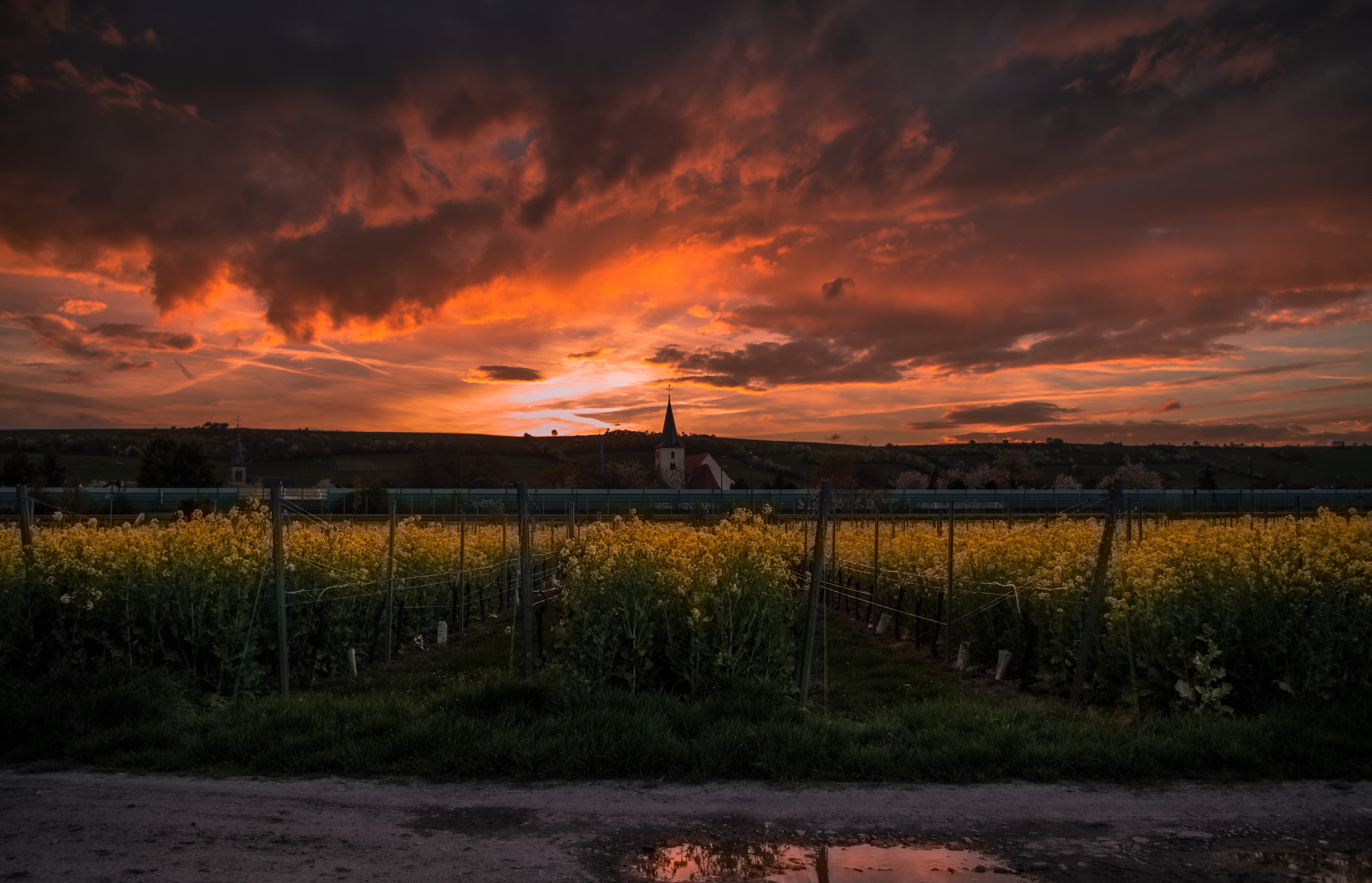 germany, oppenheim, street, railroad, church, storm, sky, clouds