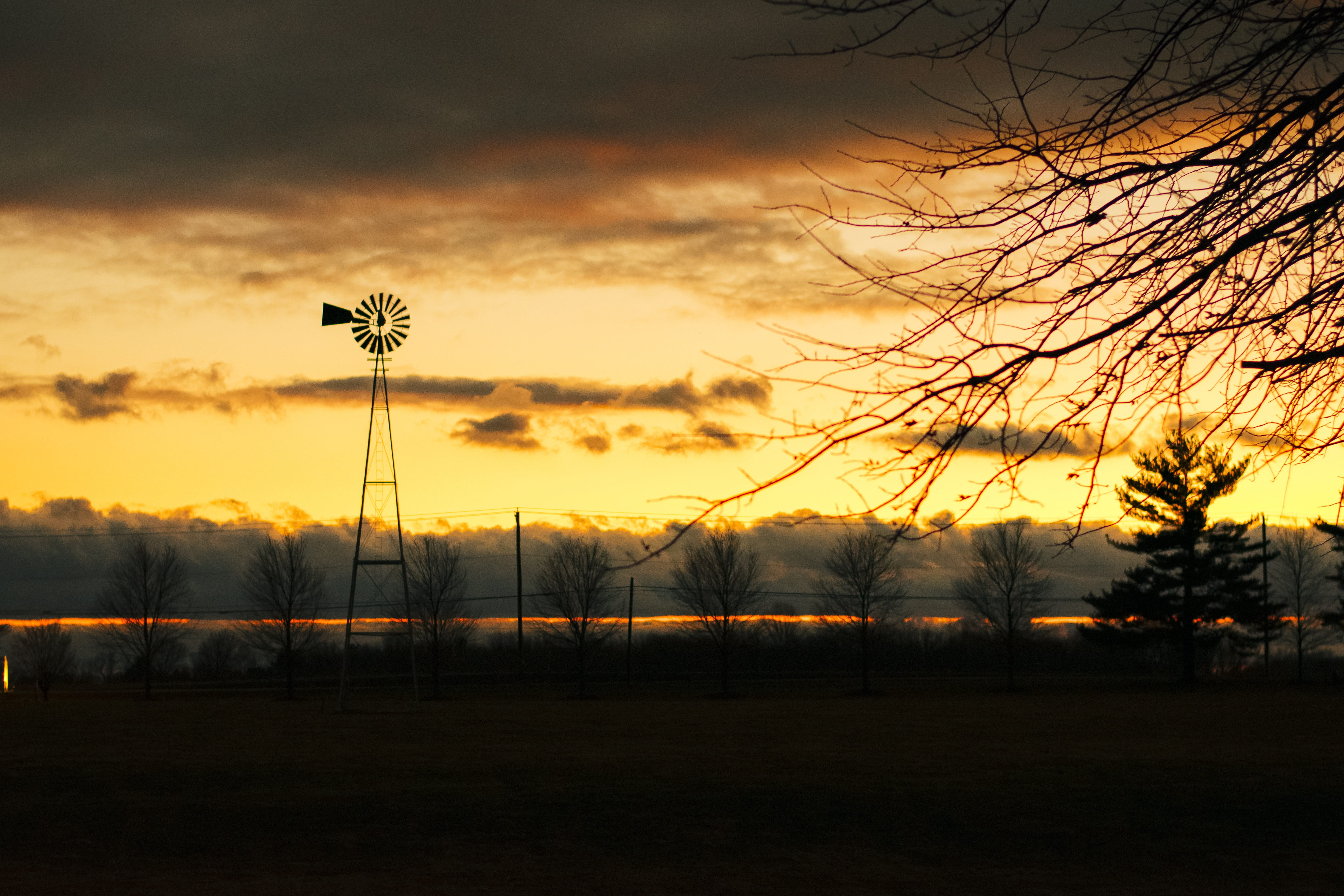 sunset, new jersey, windmill, trees, sky, tree line, skyline