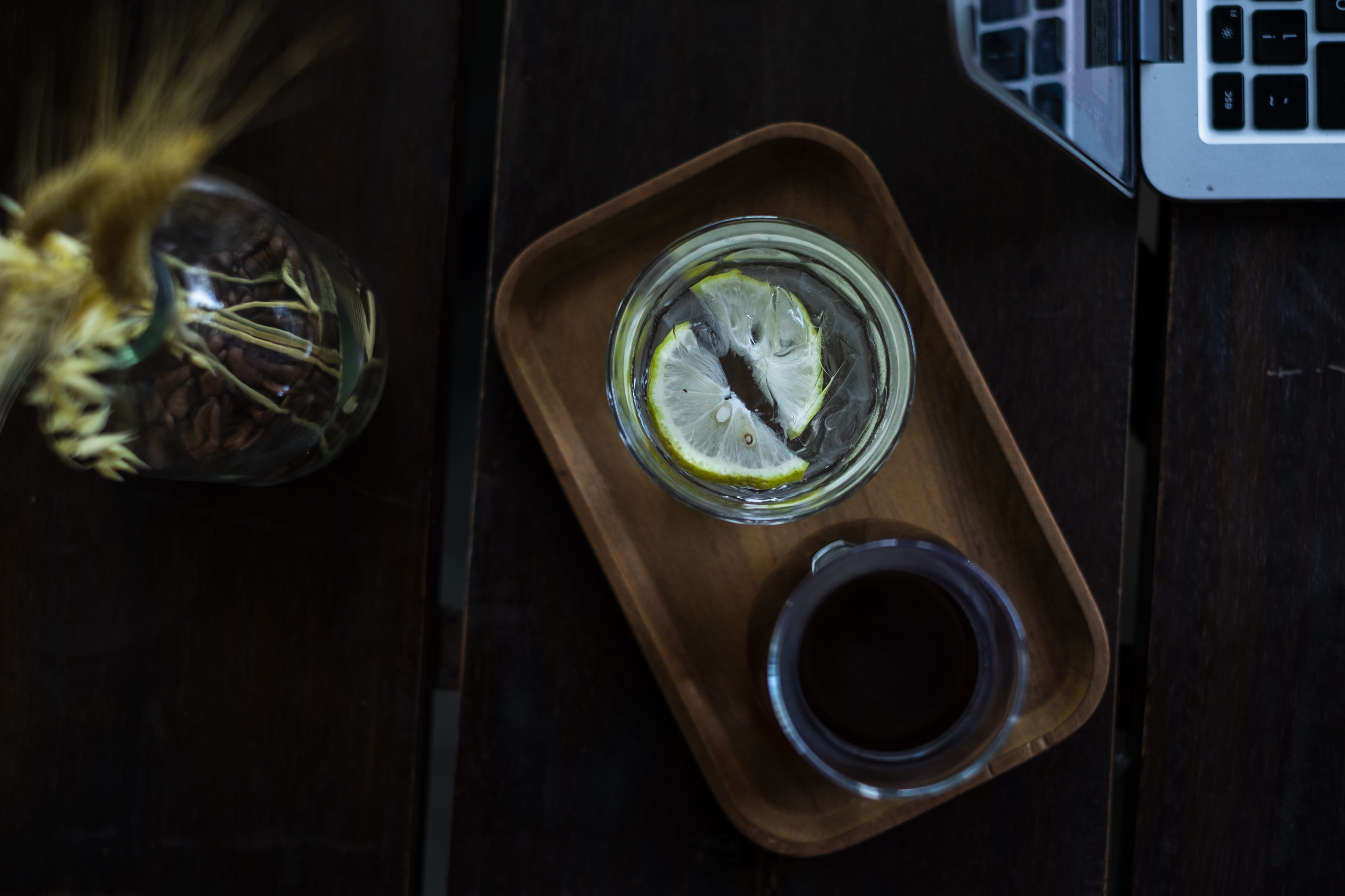 rectangular clear drinking glasses on rectangular brown tray