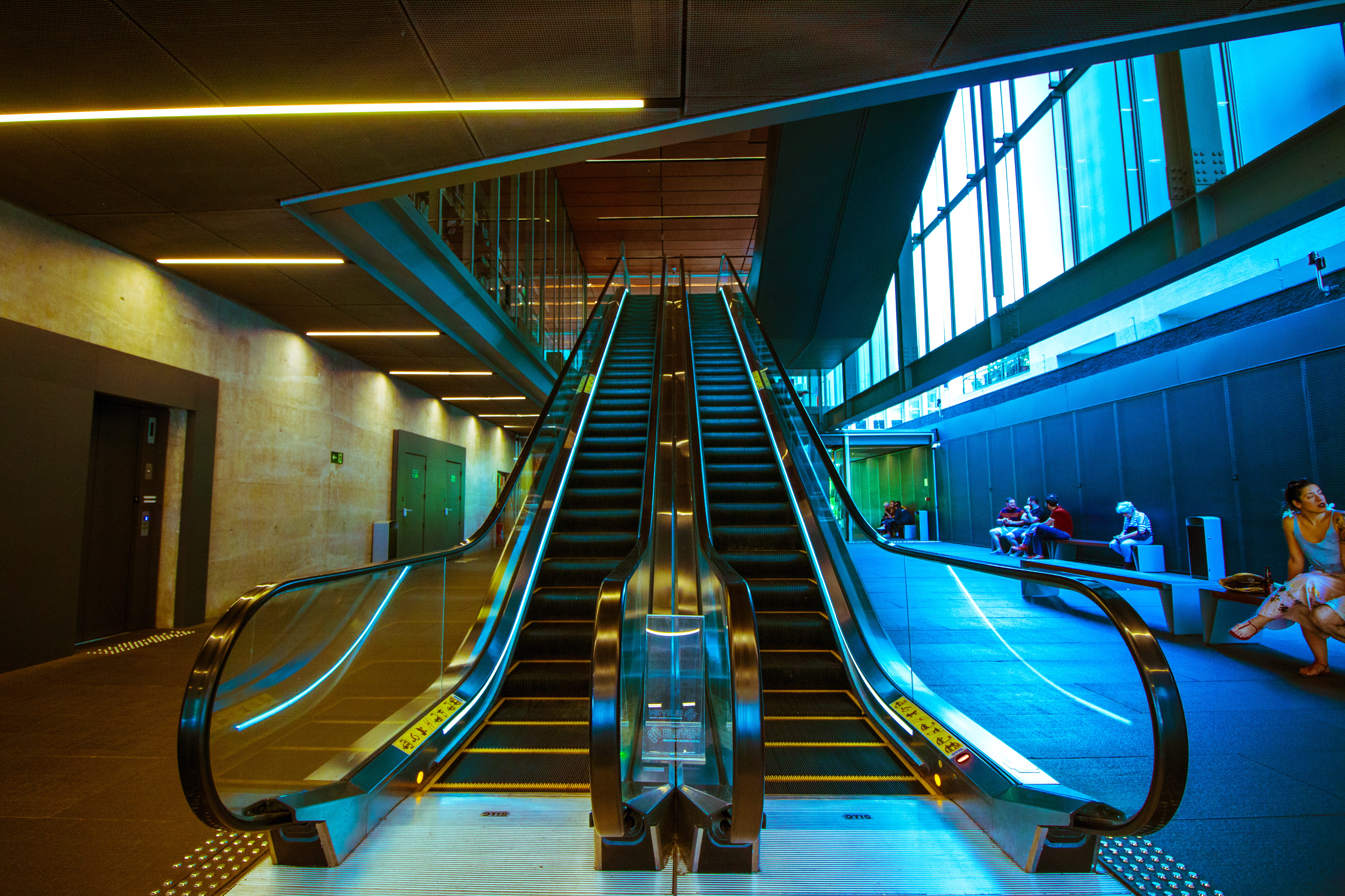 Escalators Inside Building, architecture, blue, colors, commerce