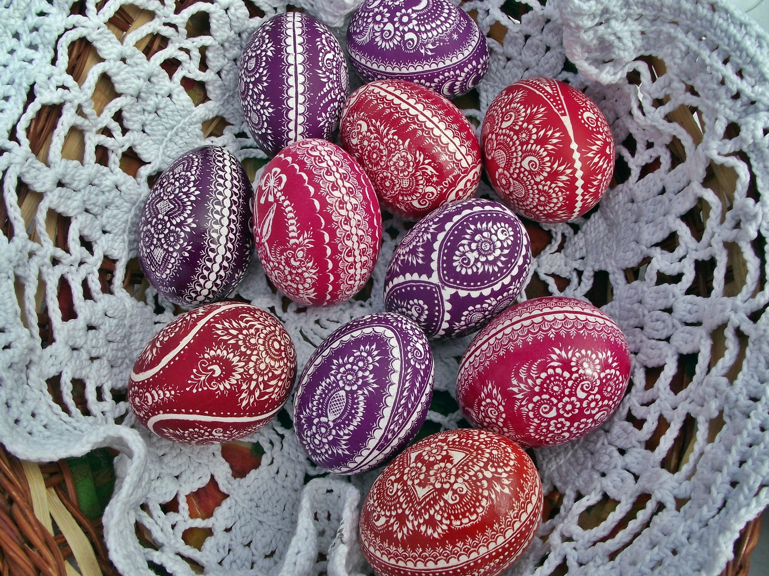 easter, easter eggs, easter basket, high angle view, food, red