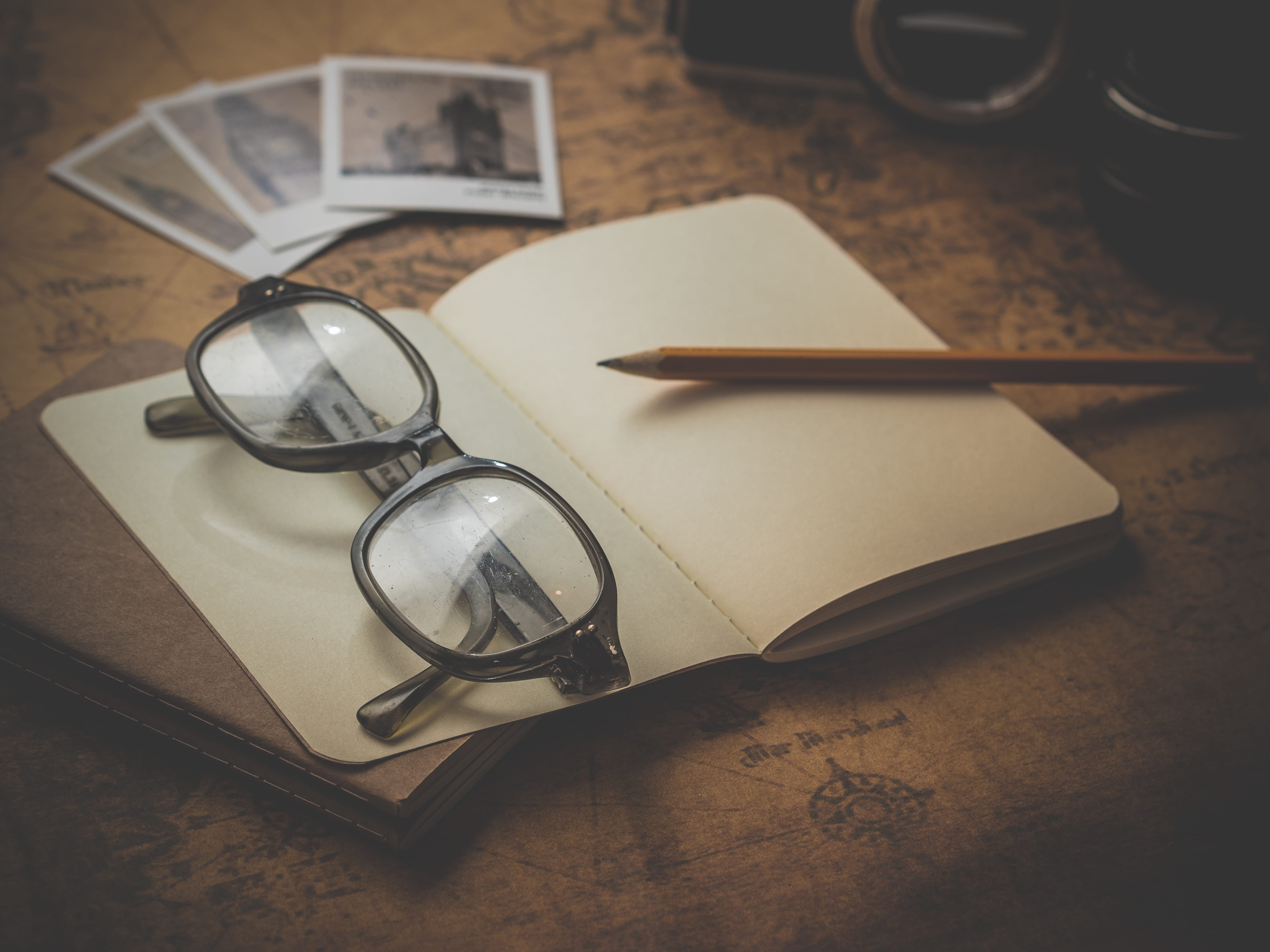 Eyeglasses on Book, antique, blank, blur, camera, classic, close-up