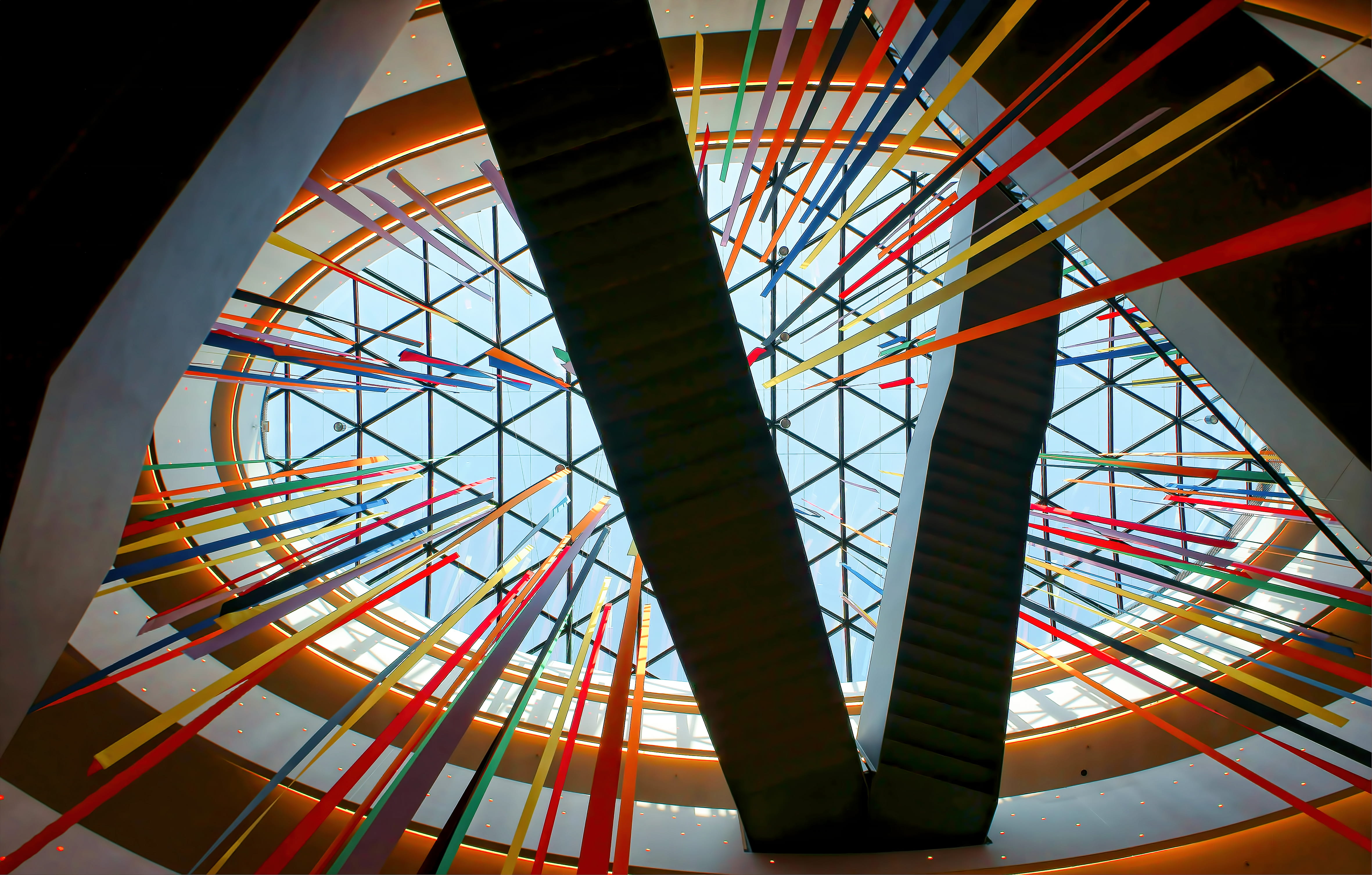 assorted-color striped interior, low angle view, built structure