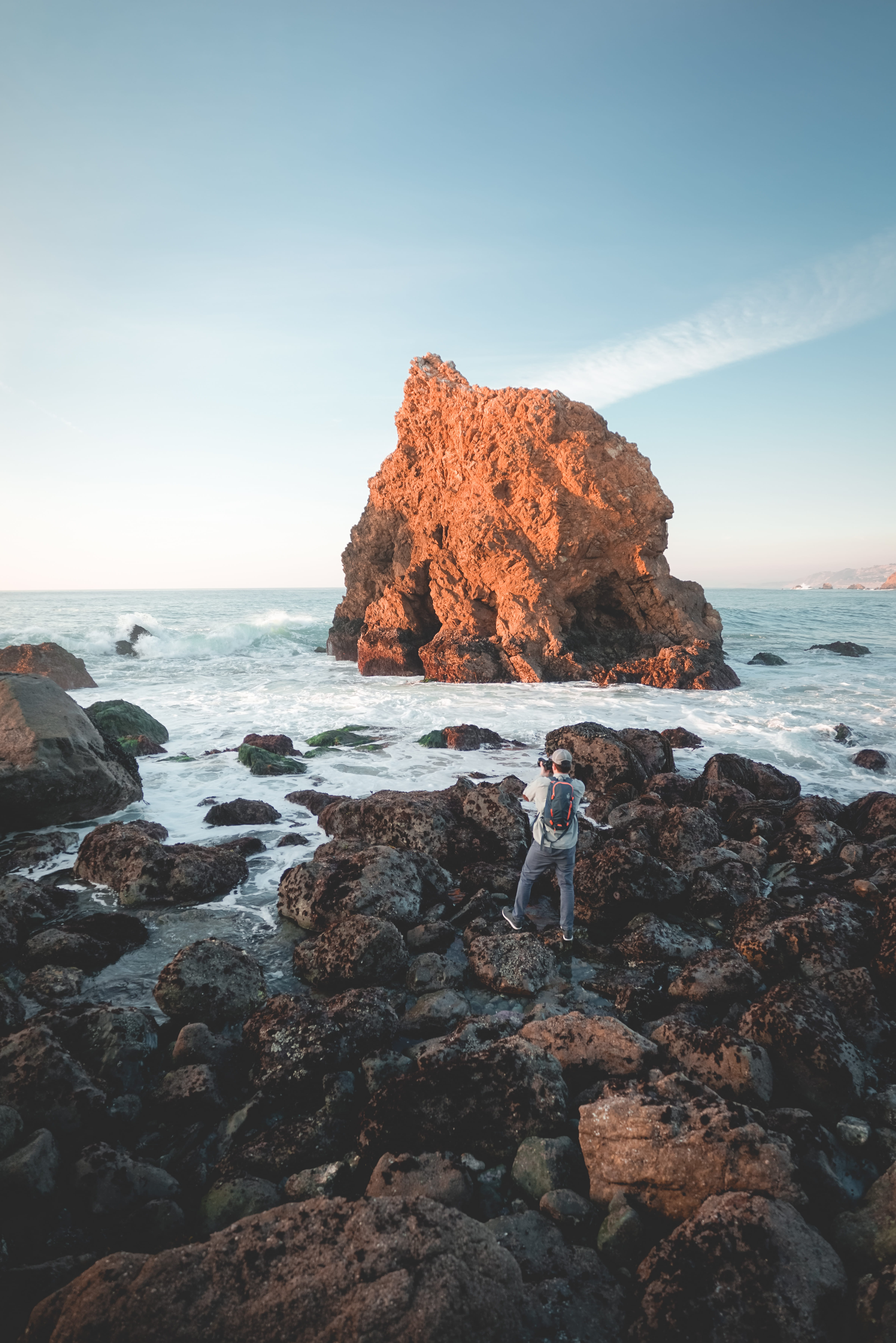 ocean waves, landscape, camera, guy, man, explore, coast, sunset