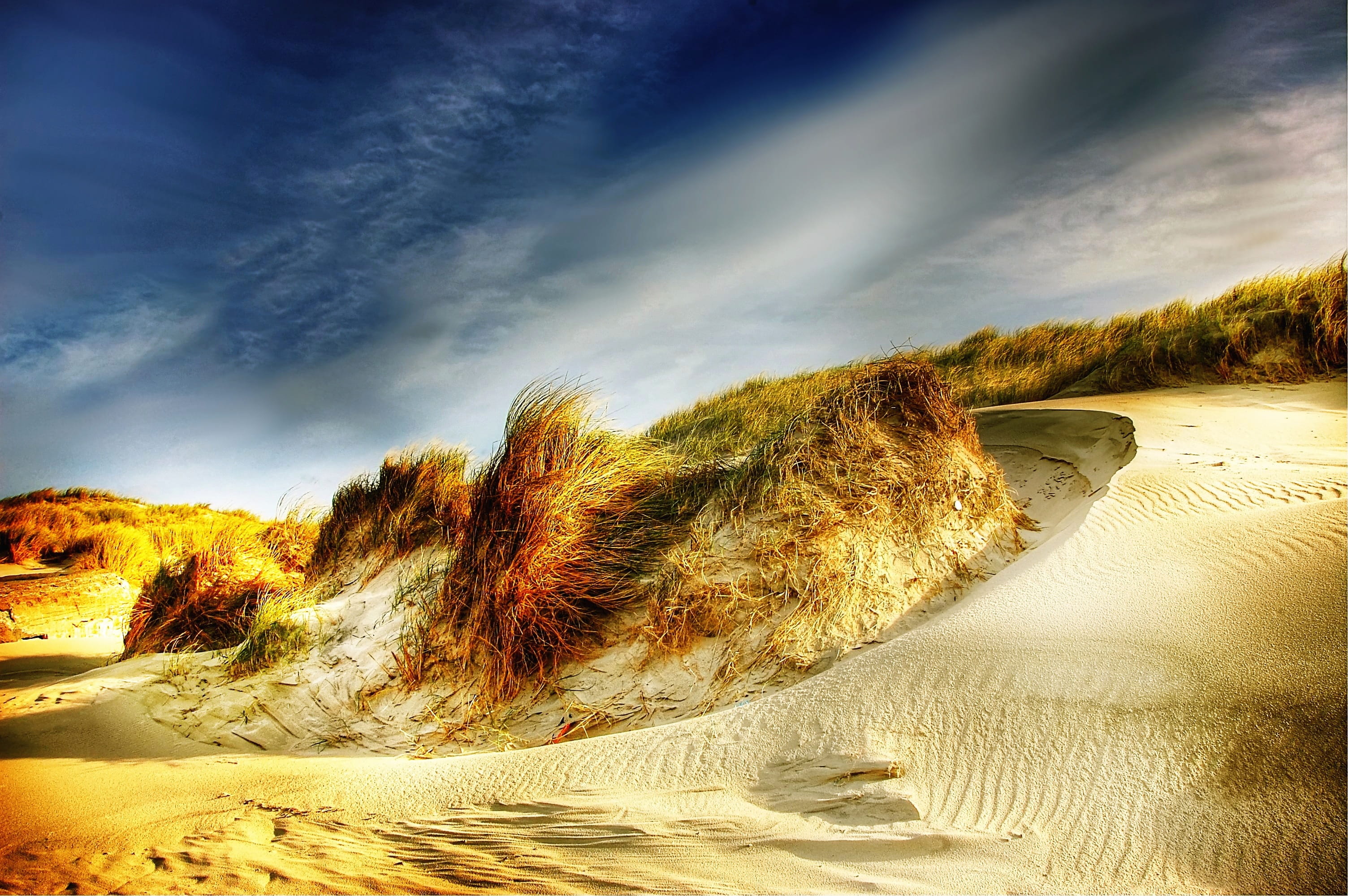 Grass Under Cloudy, blue, clouds, dunes, landscape, quiet, sand