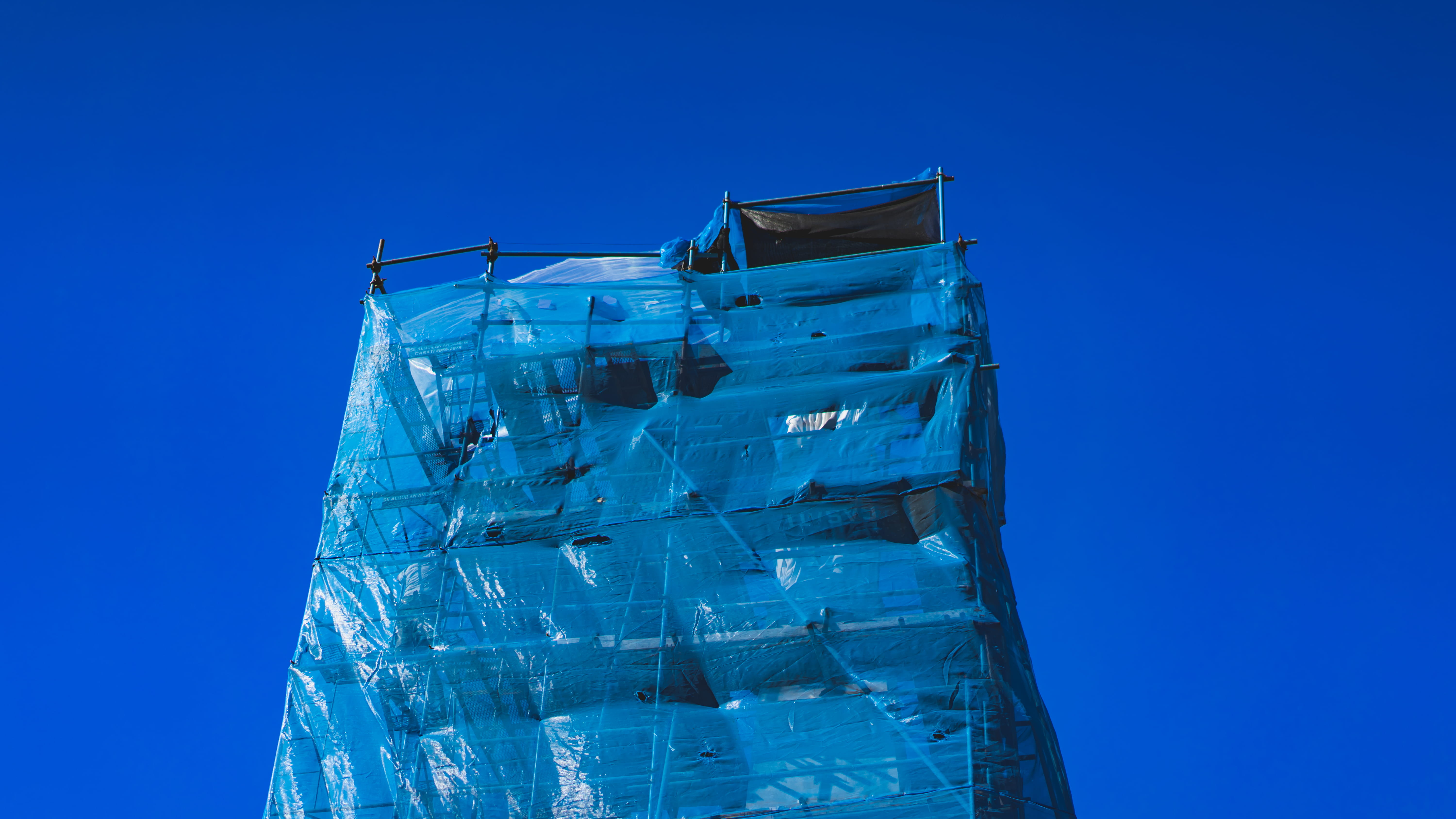 blue, building, construction, simple, clear sky, low angle view