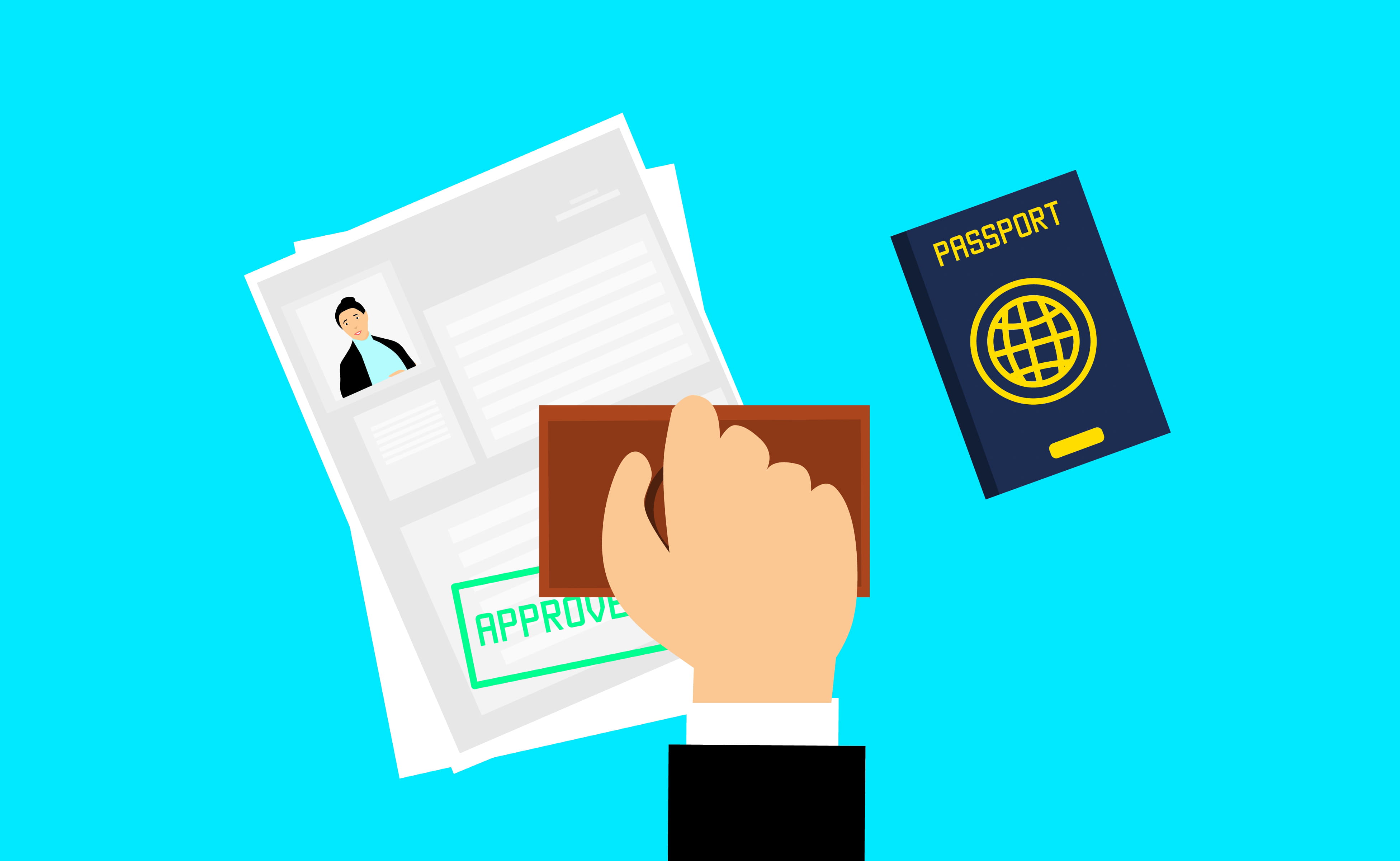 Illustration of visa application., approved, journey, template
