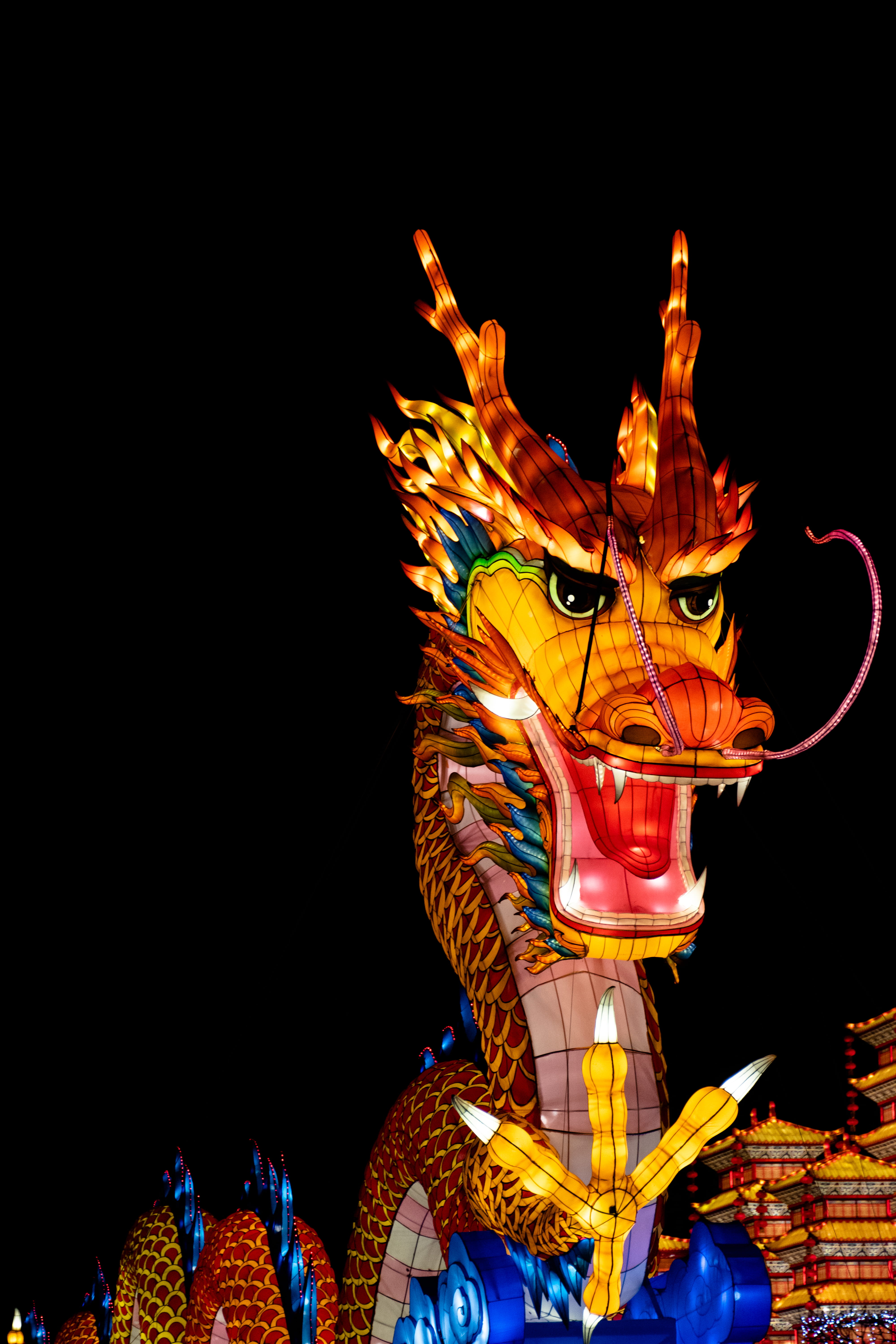 dragon statue with light, representation, night, low angle view
