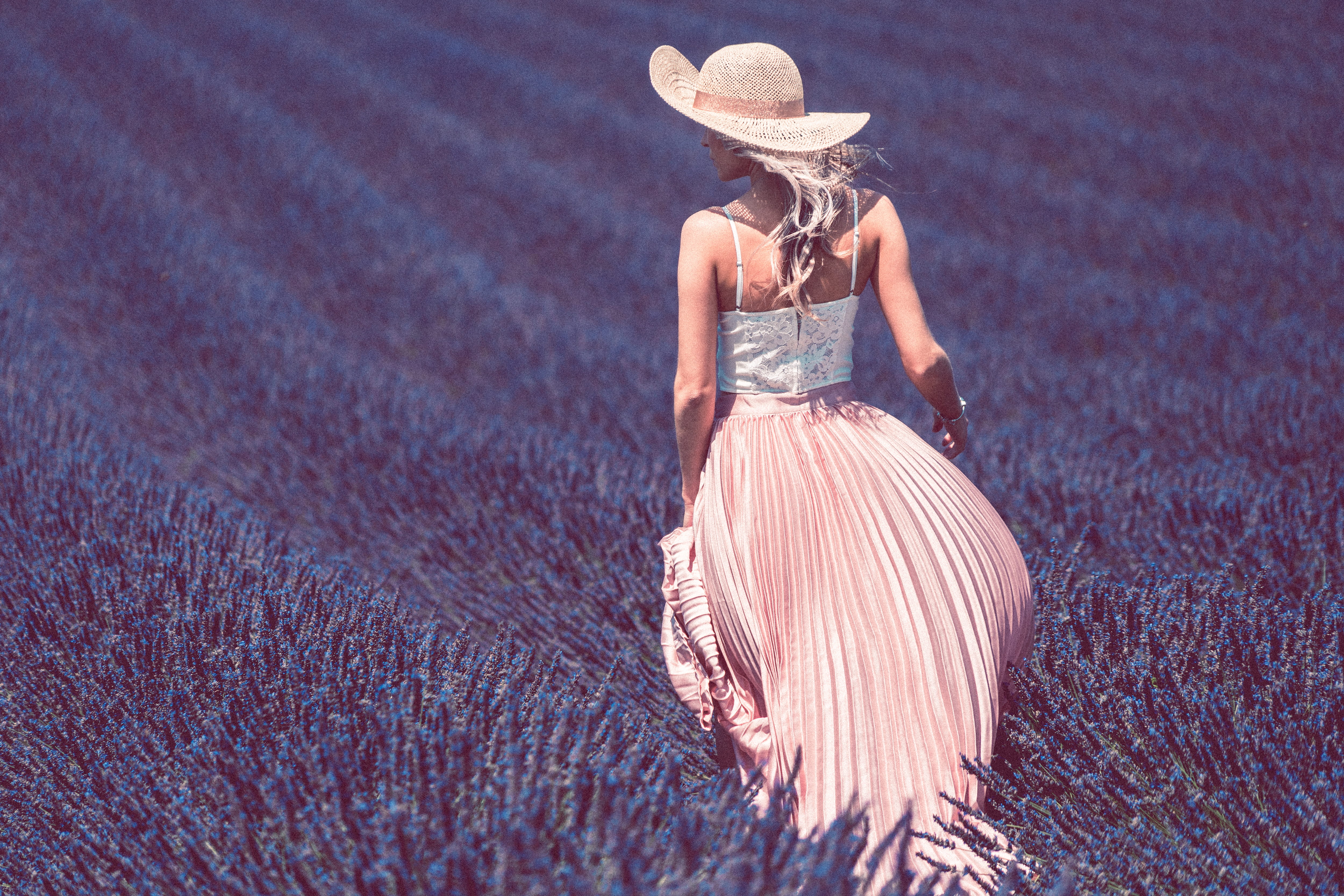 Walking in Lavender Field, beautiful, beauty, blonde, dreamy