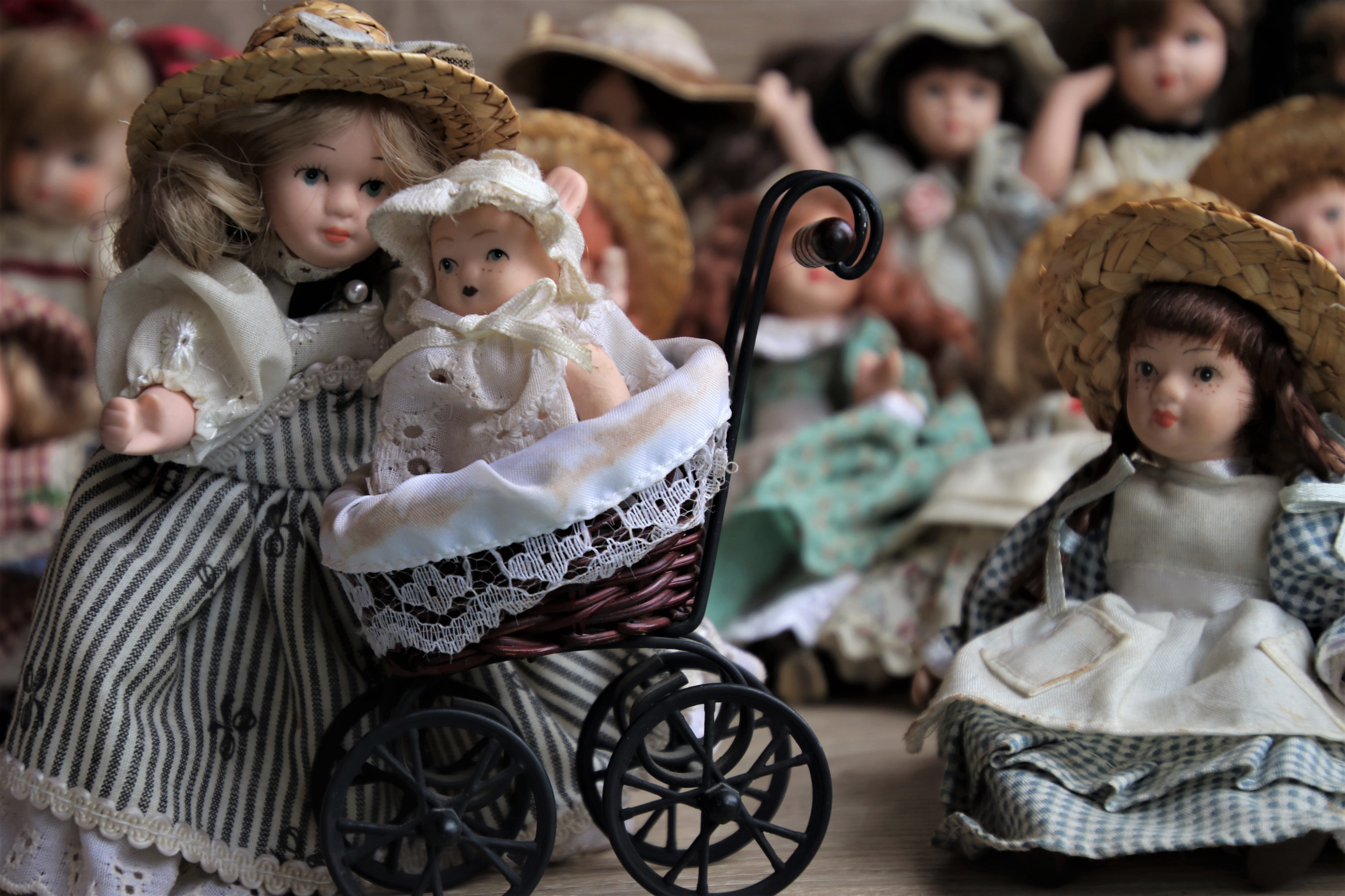 retro, porcelain dolls, stroller, child care, family, stranded