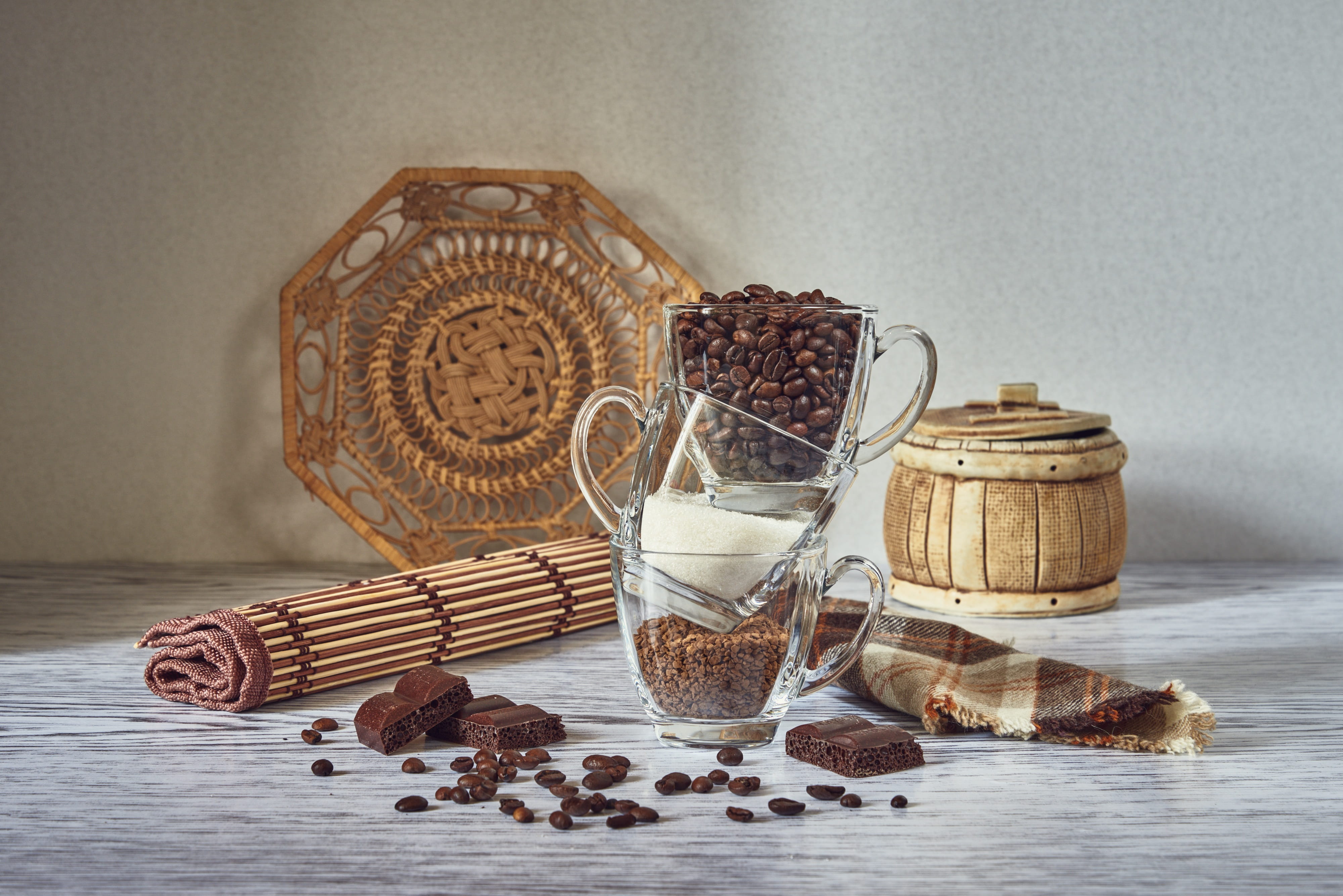still life, composition, staging, coffee, cup, grains, sugar