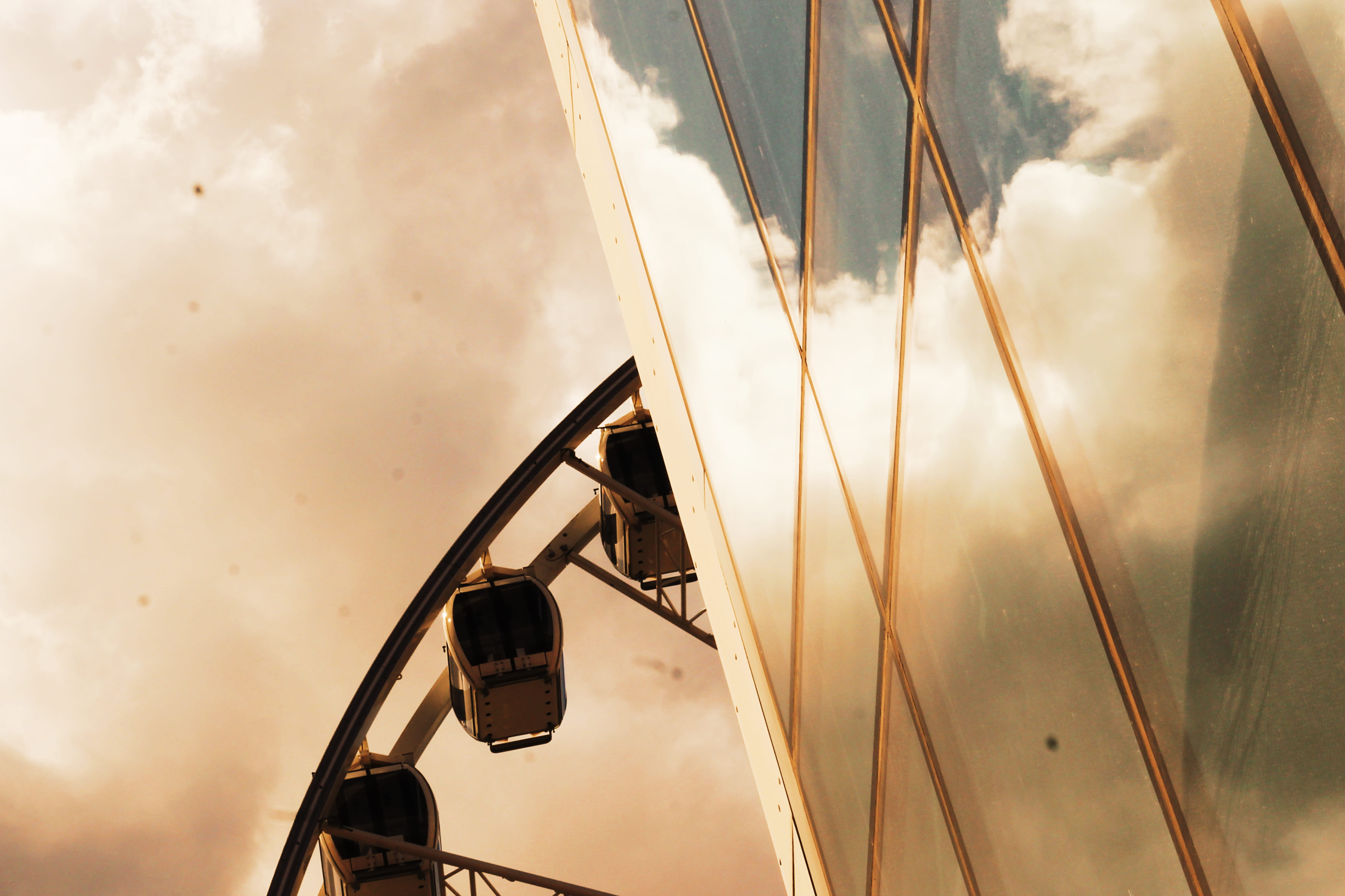 Ferris Wheel Under Gray Clouds, architecture, reflection, cloud - sky