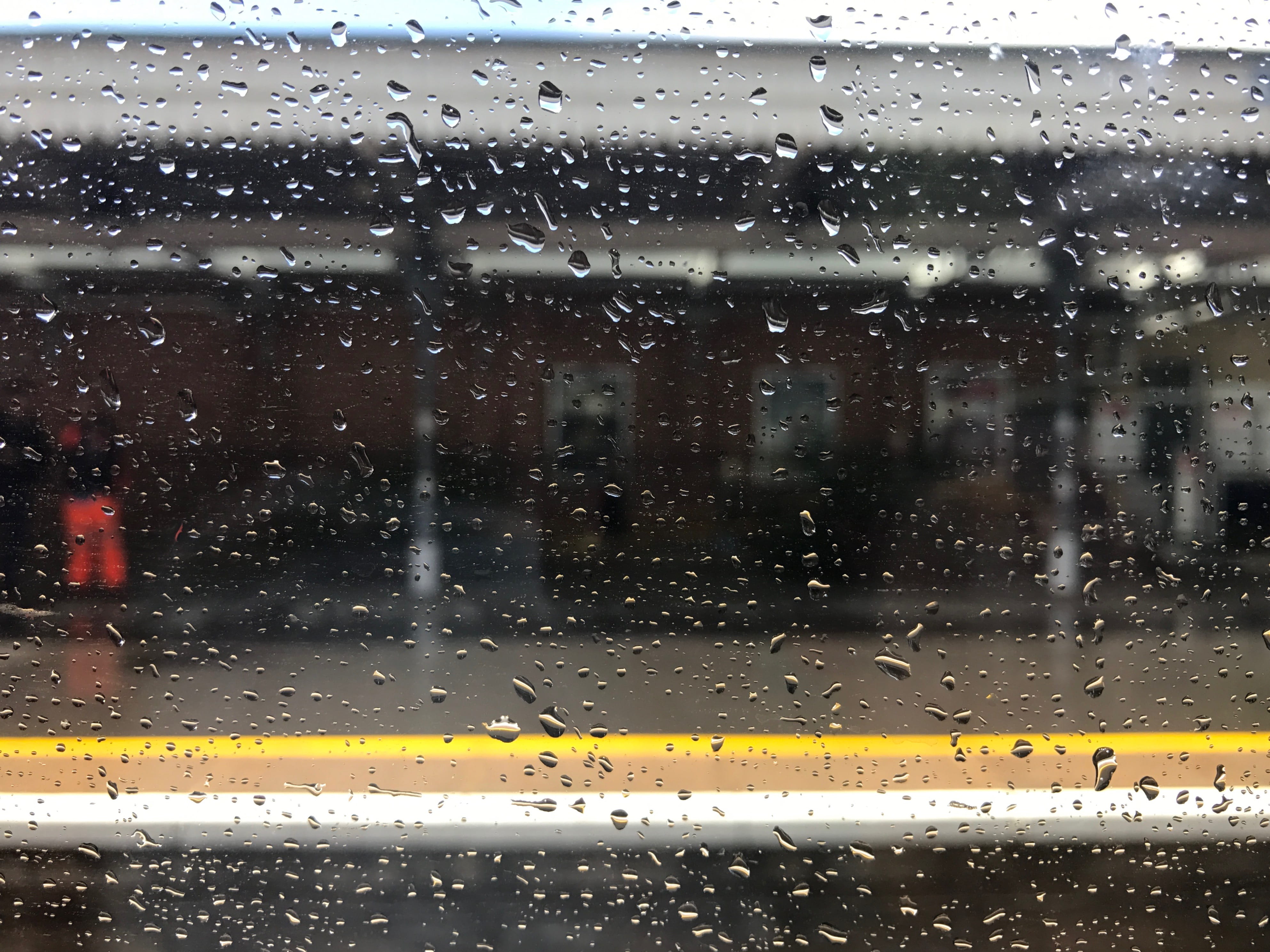 rain, raindrops, train, station, platform, wet, window, glass - material