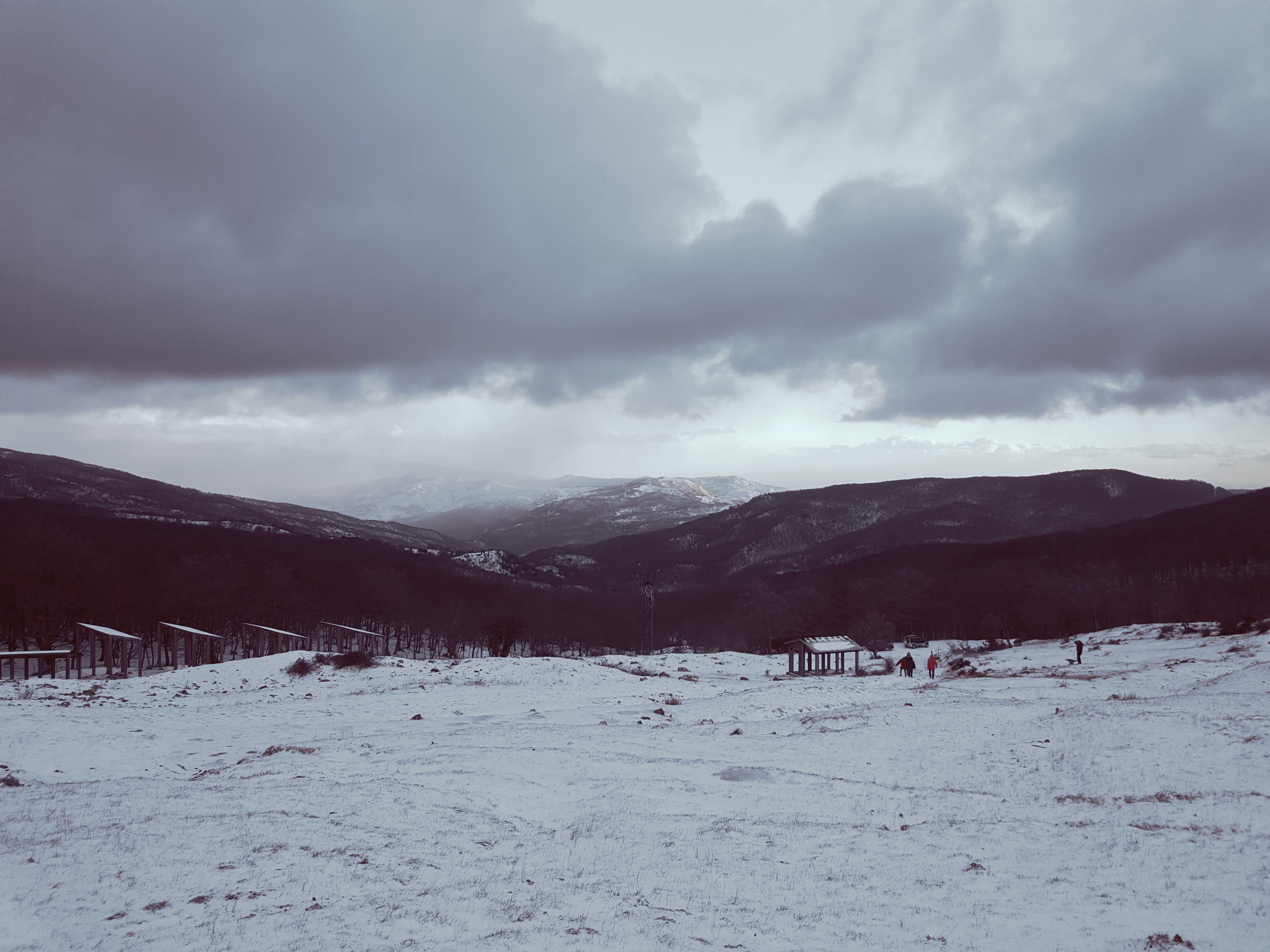 winter, landscapes, trees, pine, structures, wood, mountains