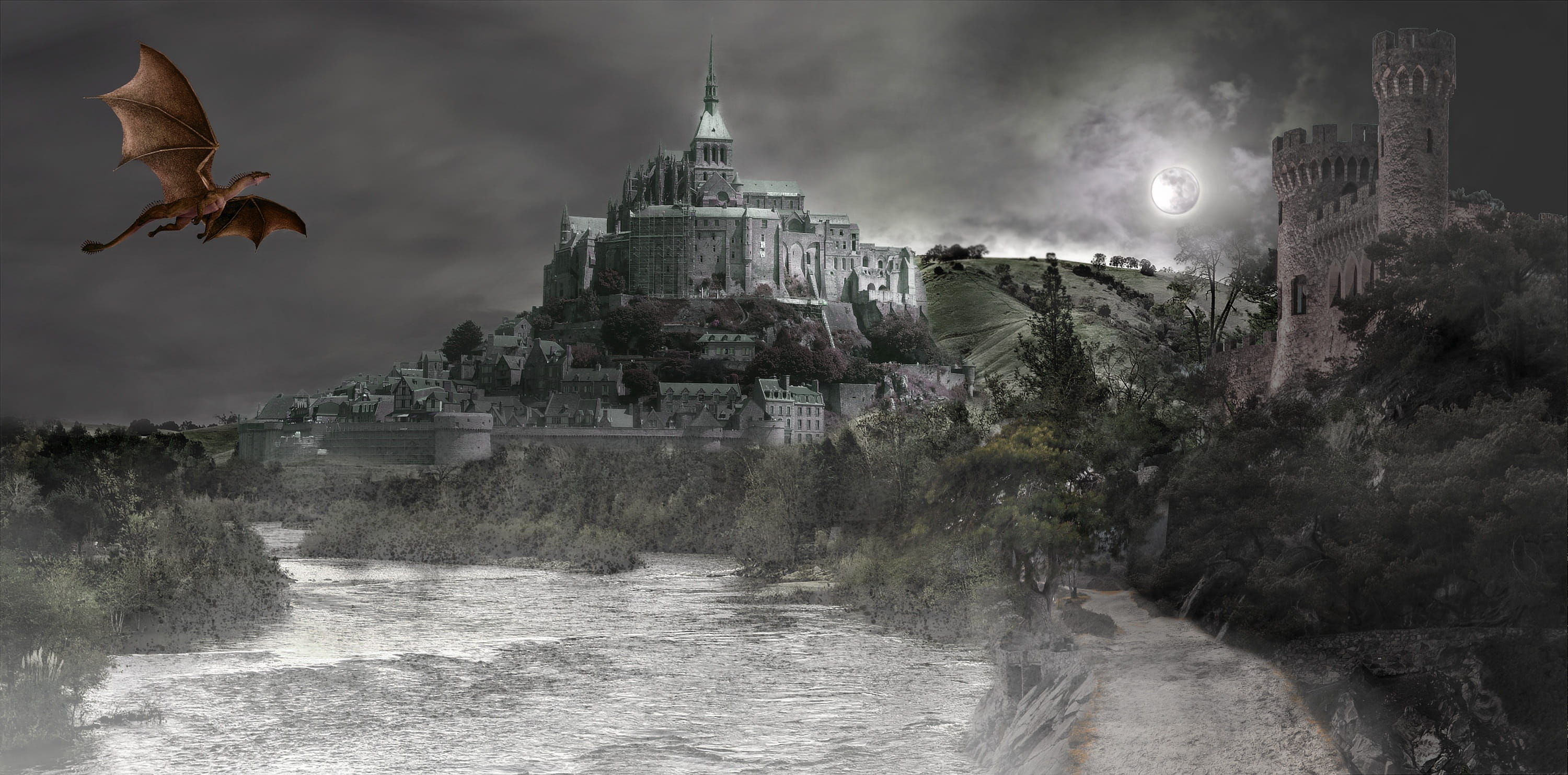fantasy, composite, dragon, castle, moon, river, architecture