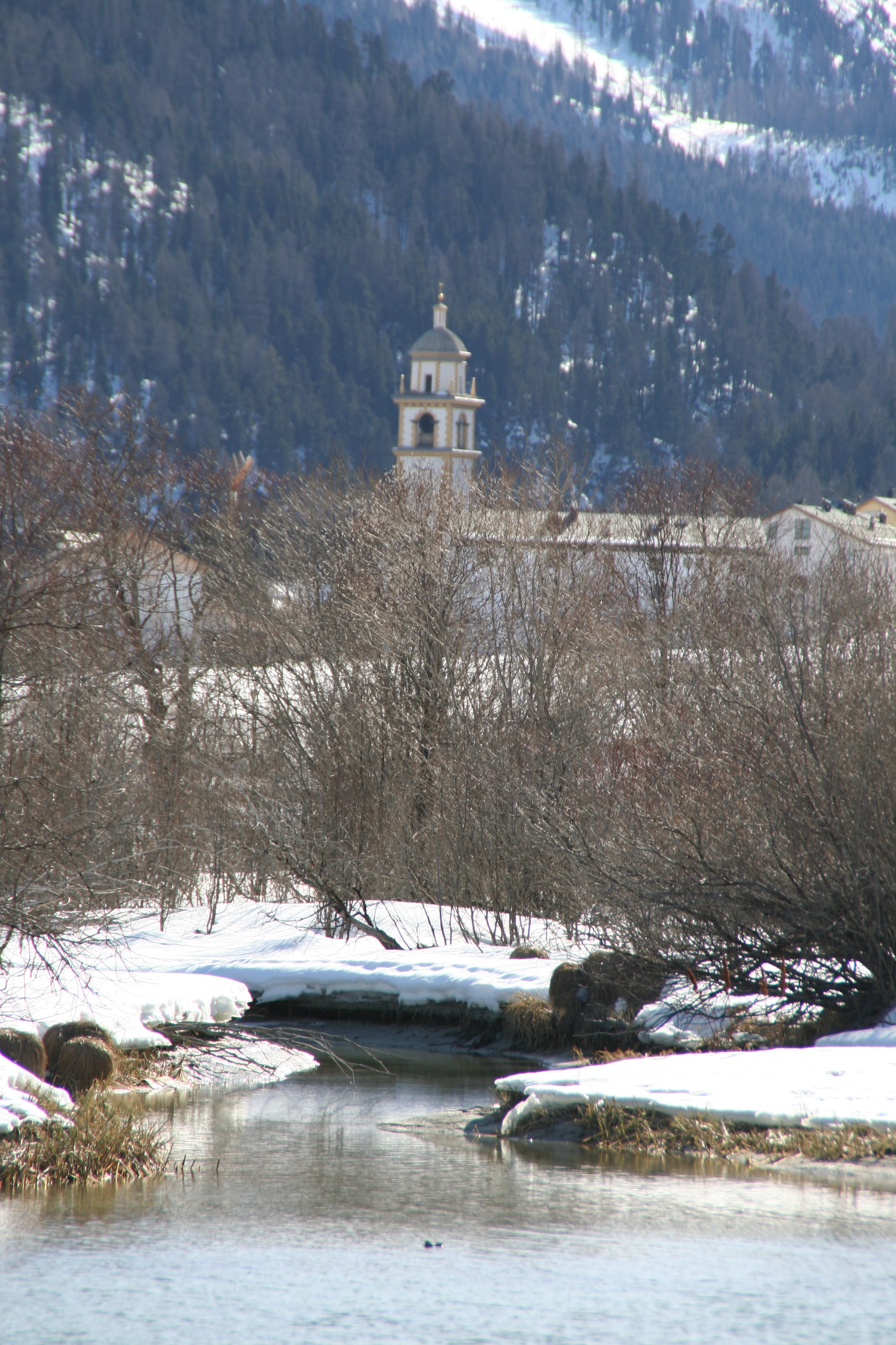 winter, church, river, cold temperature, snow, tree, water