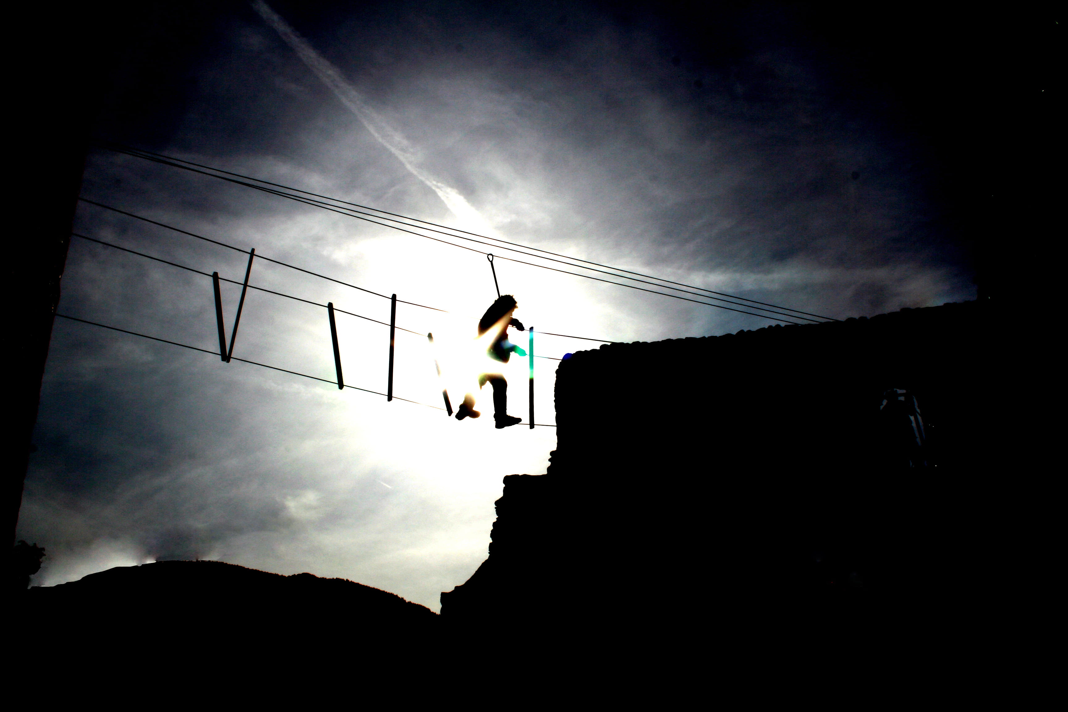 shade, shadow, sun, light, rope, bridge, crossing, sky, low angle view