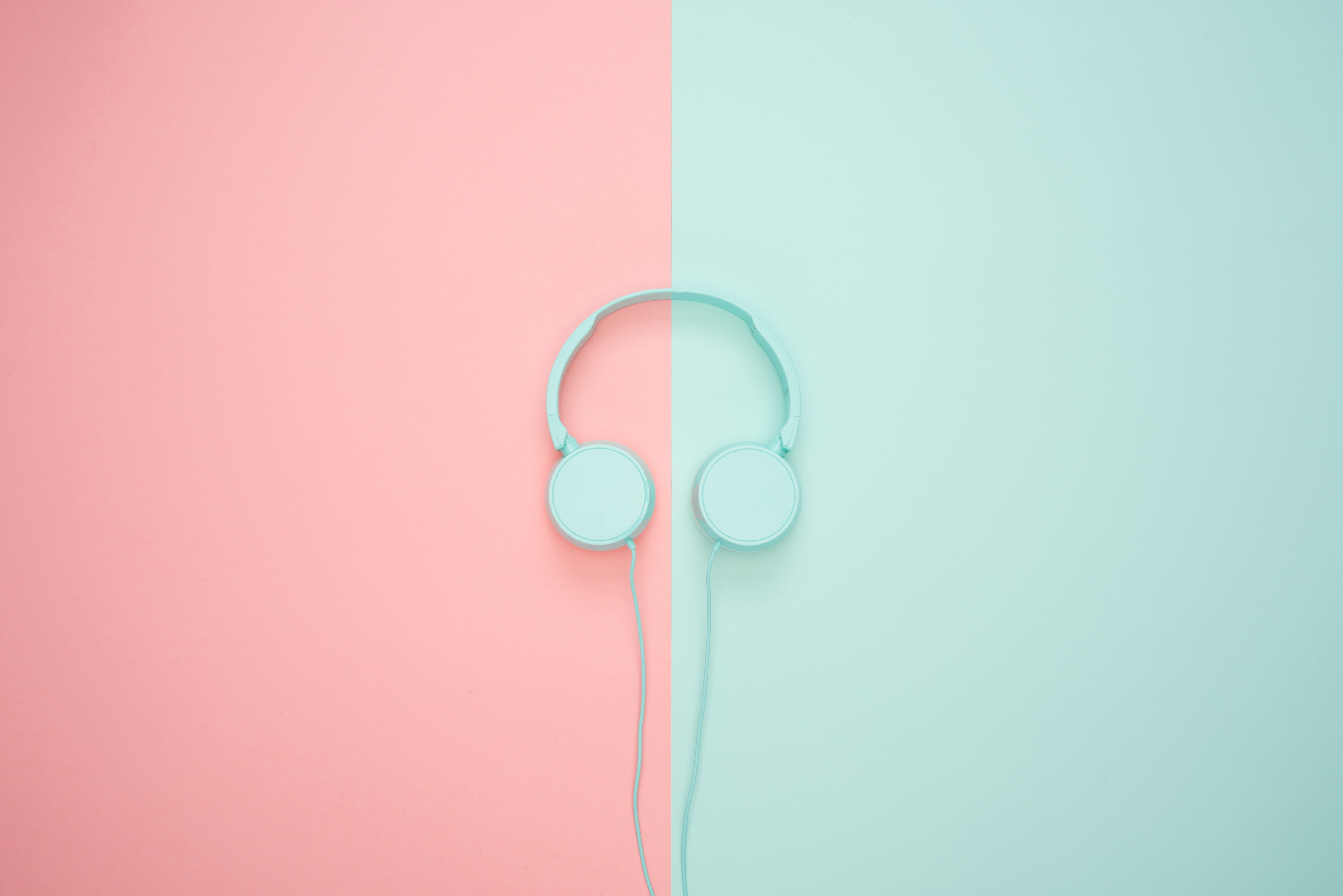 headphones, blue, pink, pastel colors, bright, flat lay, music