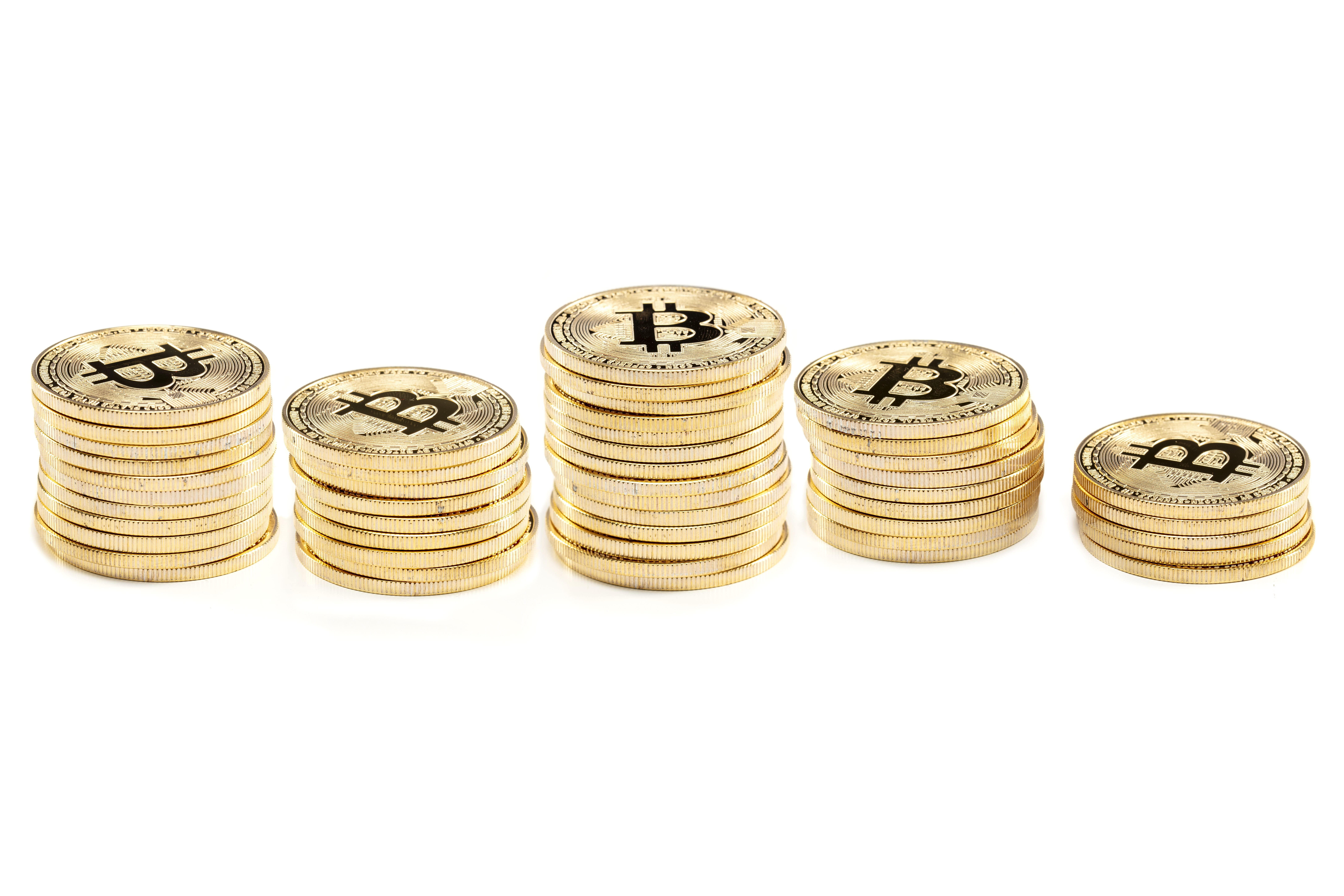 cryptocurrency, coins, bitcoin, white background, studio shot