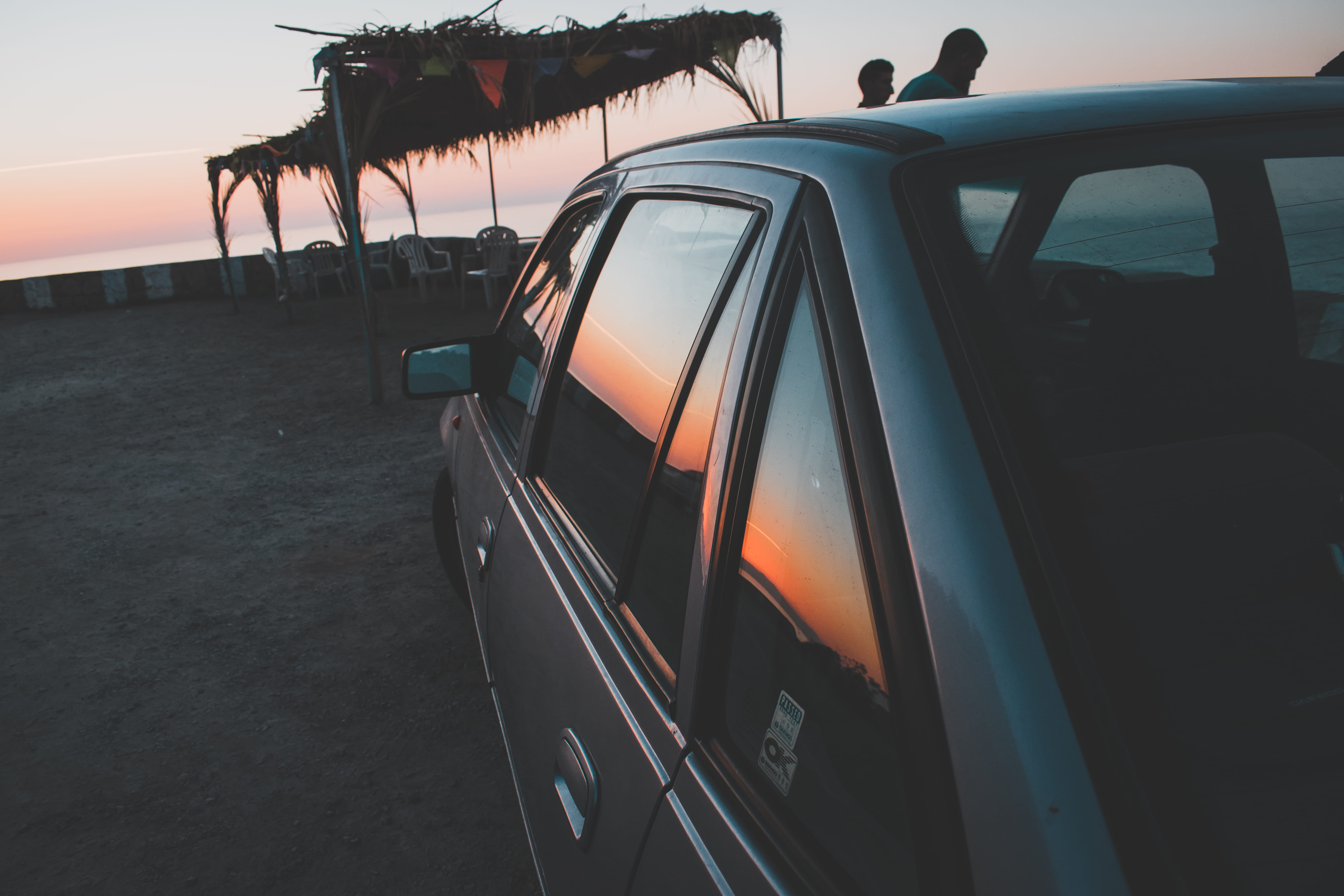 car, reflection, windows, sun, sunset, gradient, sky, blue