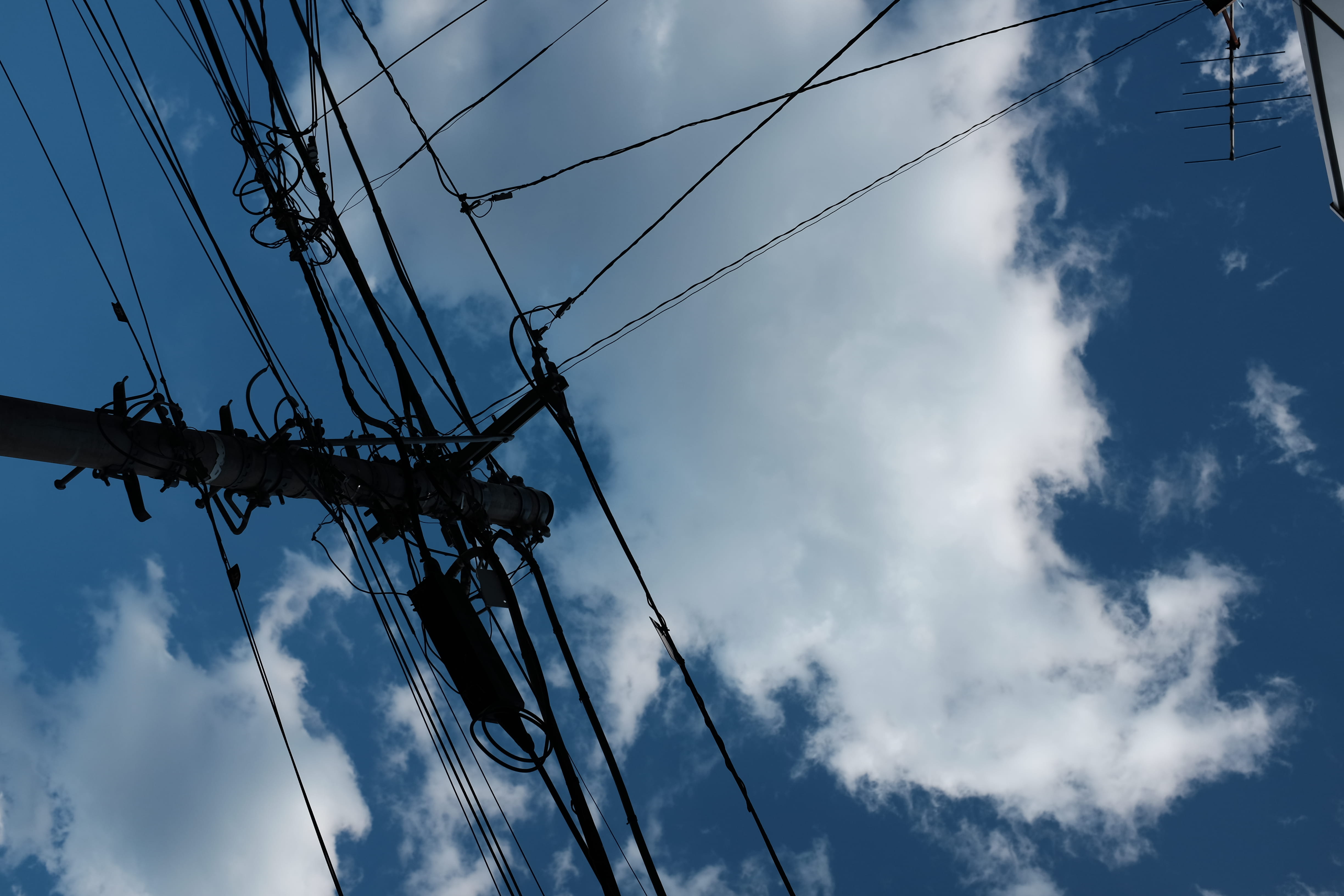 sky, cloud - sky, cable, low angle view, electricity, connection