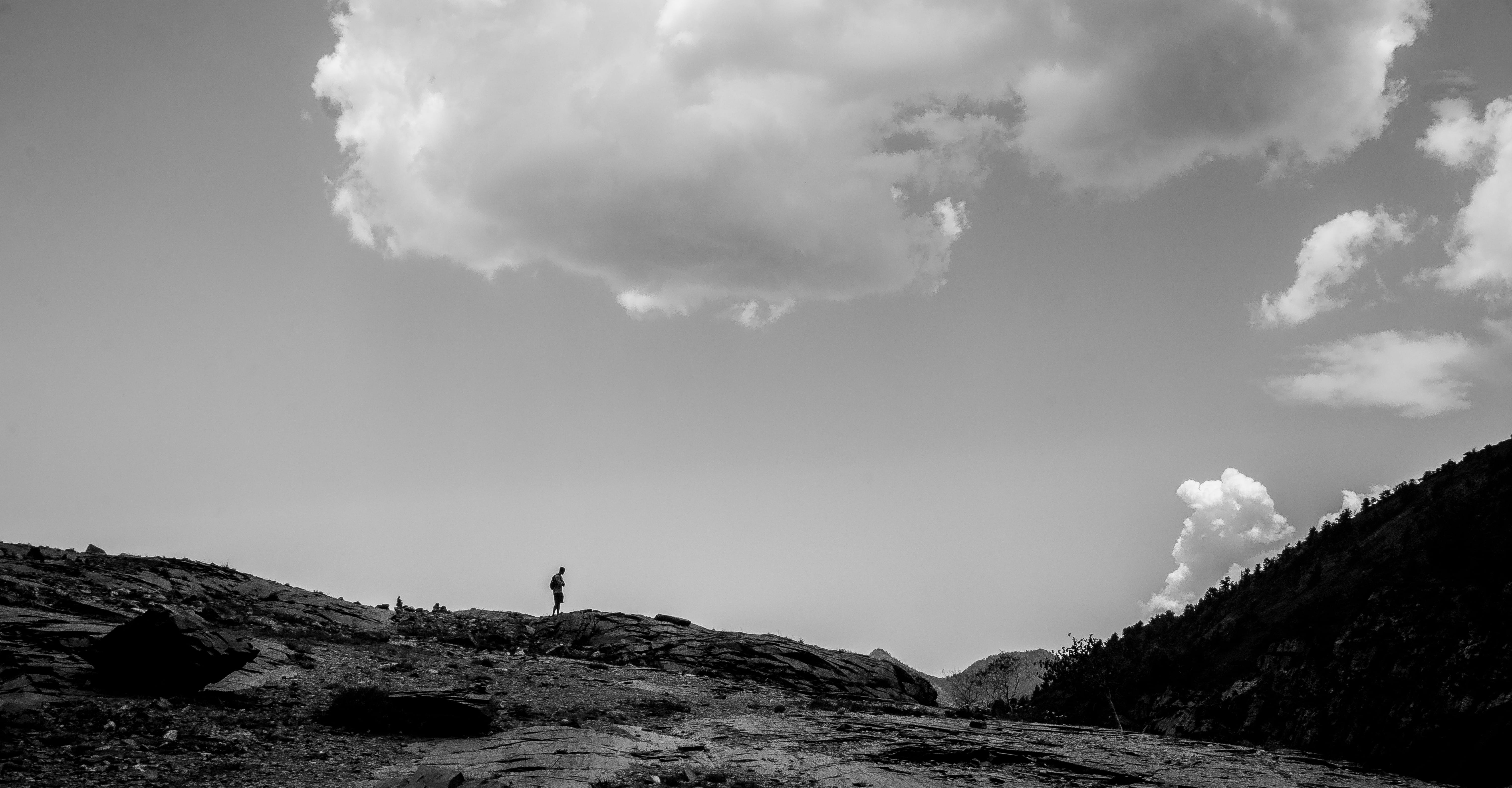 mountain, silhouette, ridge, clouds, peaks, blackandwhite, forest