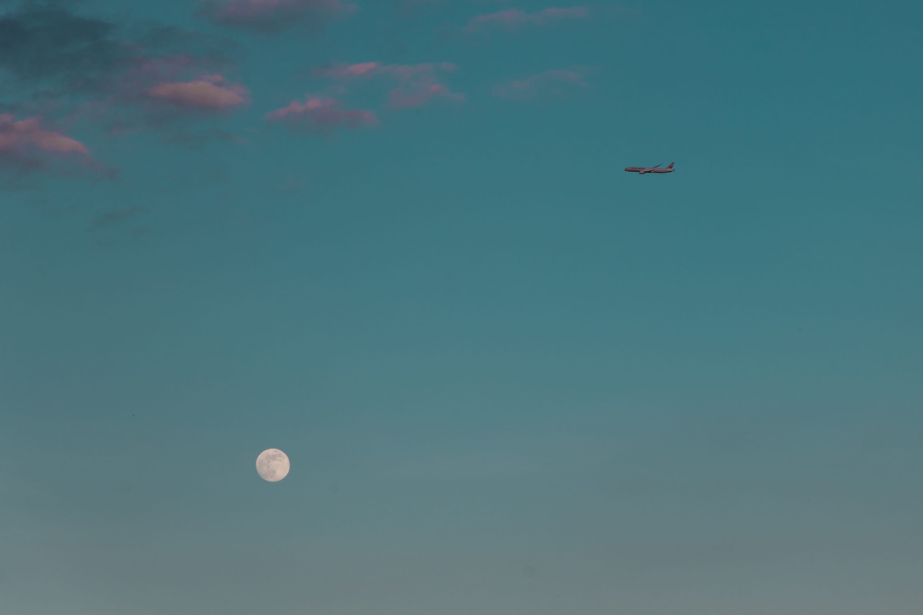 plane, moon, sky, cloud, blue, flying, low angle view, nature
