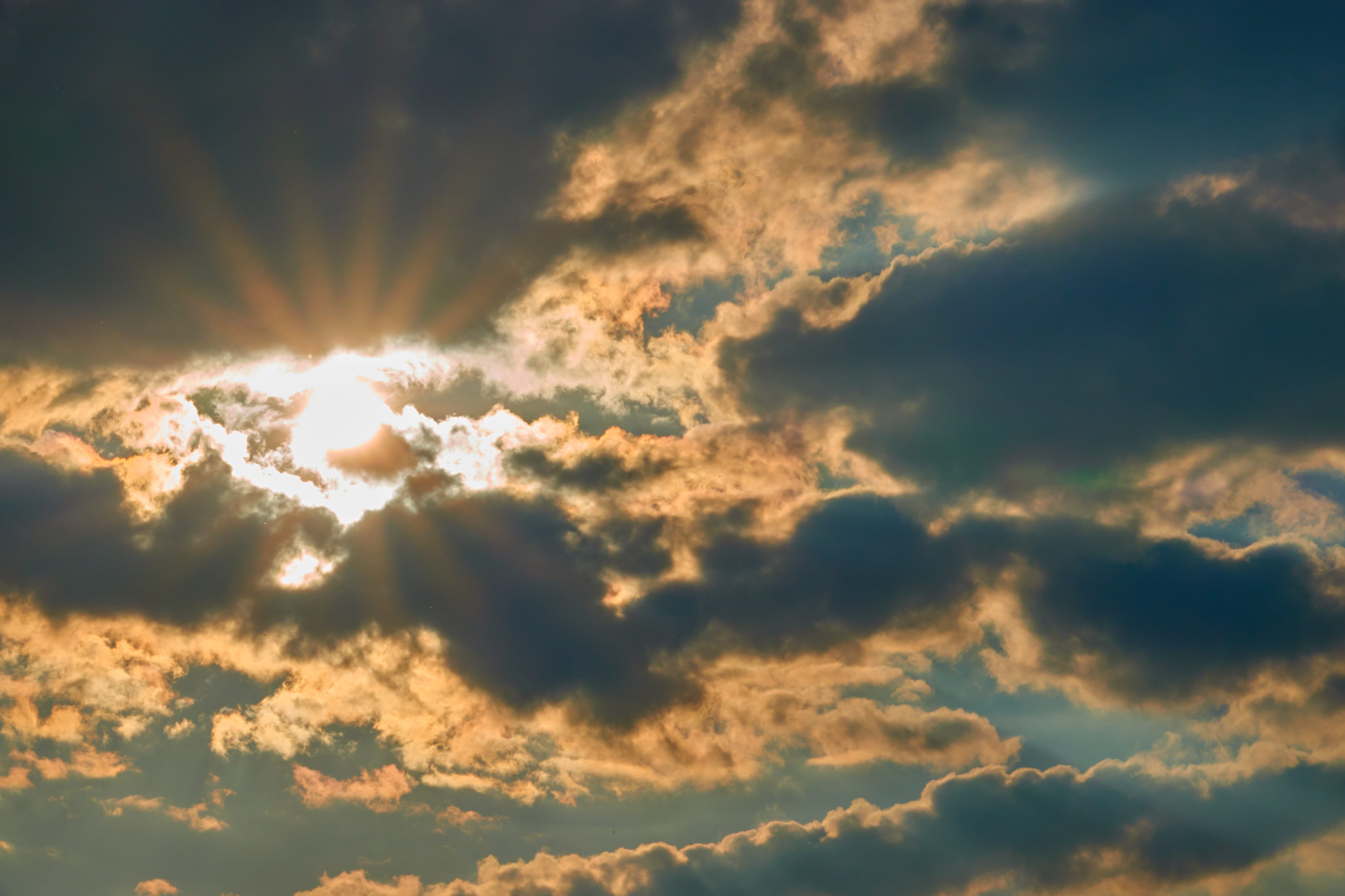 clouds, sun, mood, dramatic, sunset, landscape, red, orange