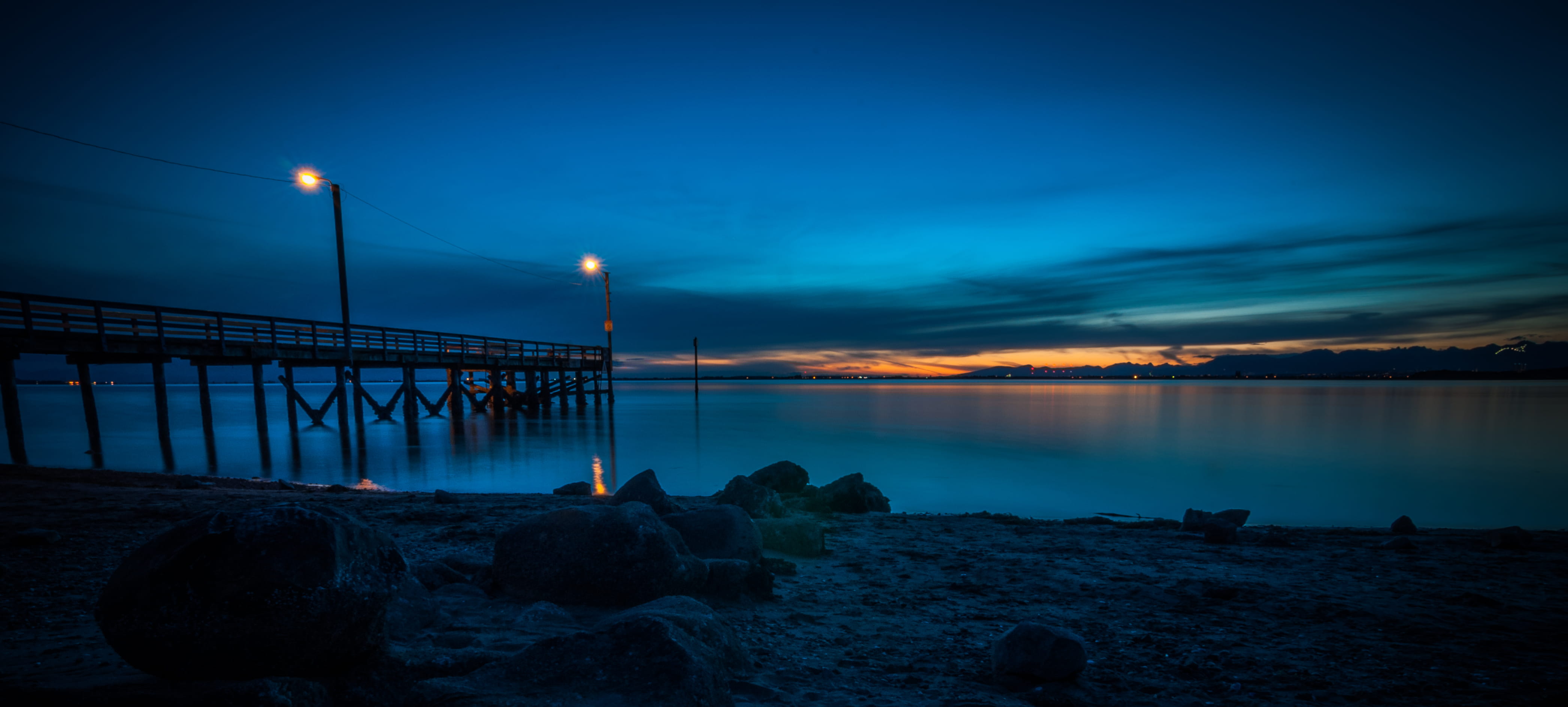 black footbridge, water, sky, sea, night, rock, illuminated, solid