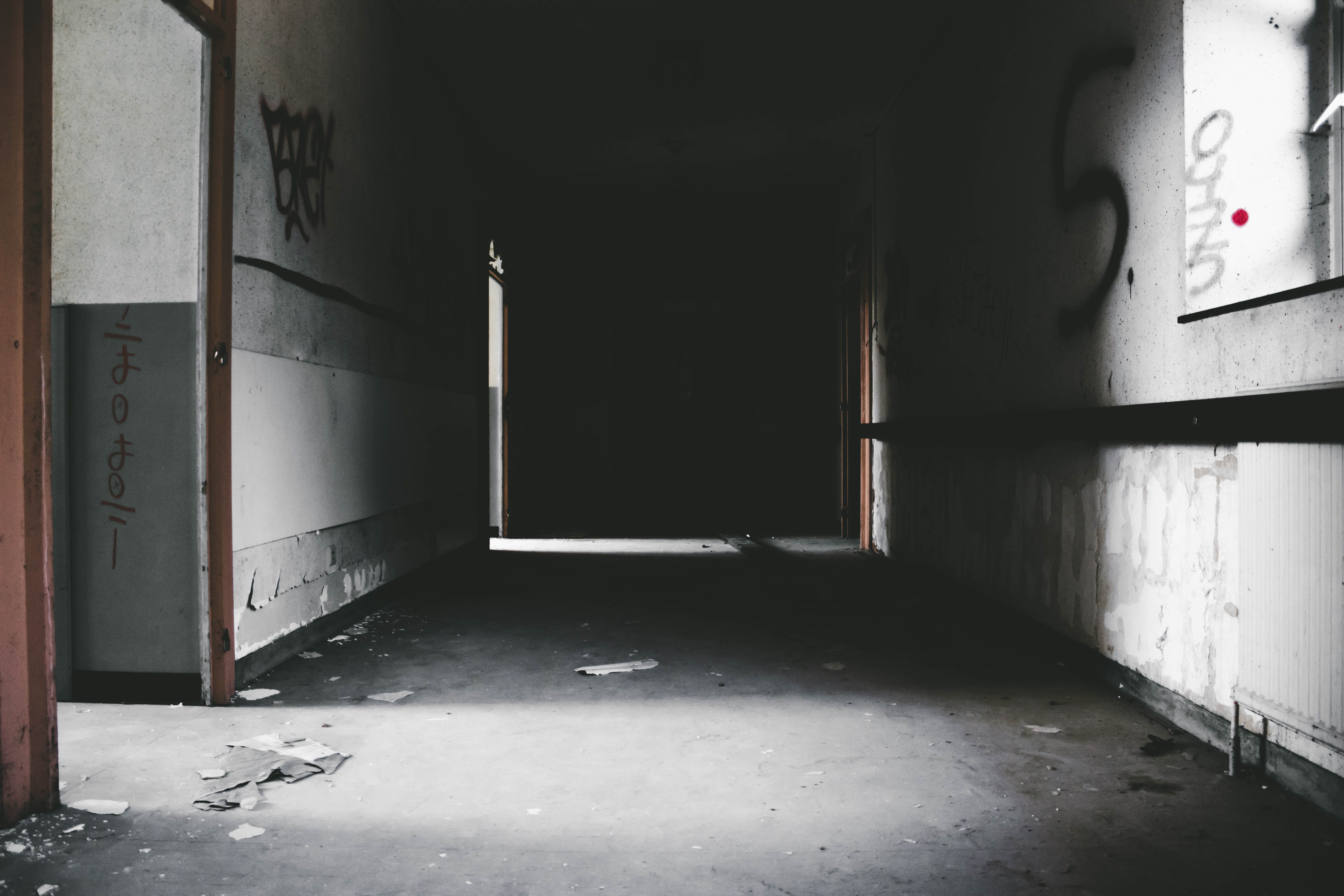 empty alley, building, corridor, interior, hall, shadow, light
