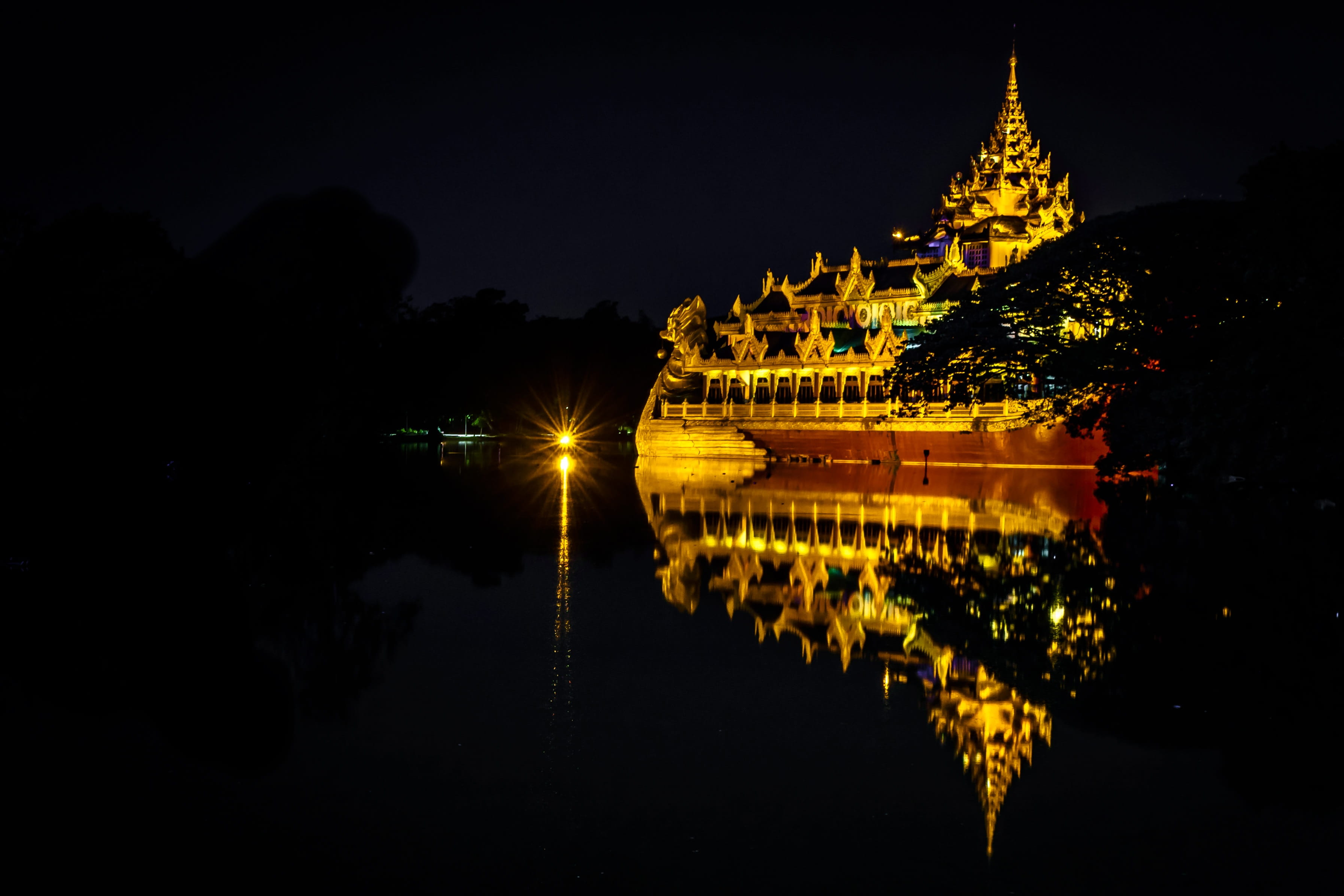 myanmar, yangon, downtown, night, illuminated, reflection, water