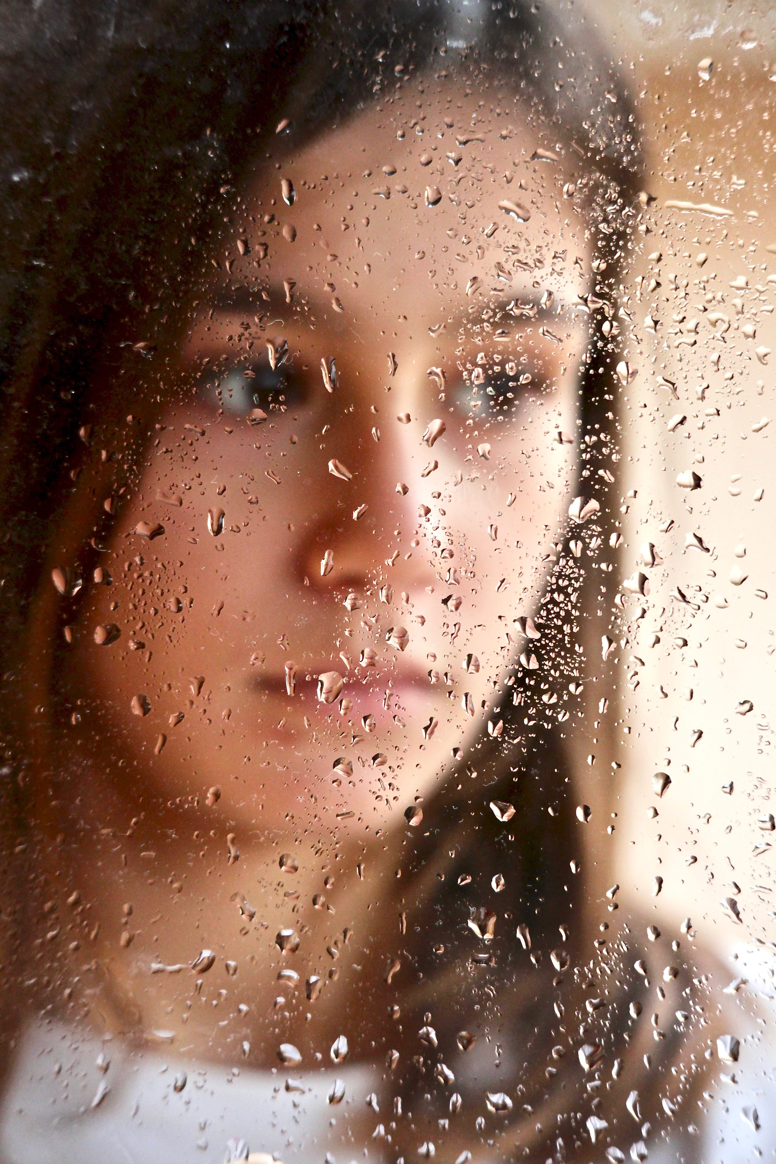 girl, rain, drops, window, melancholy, solitude, sadness, look