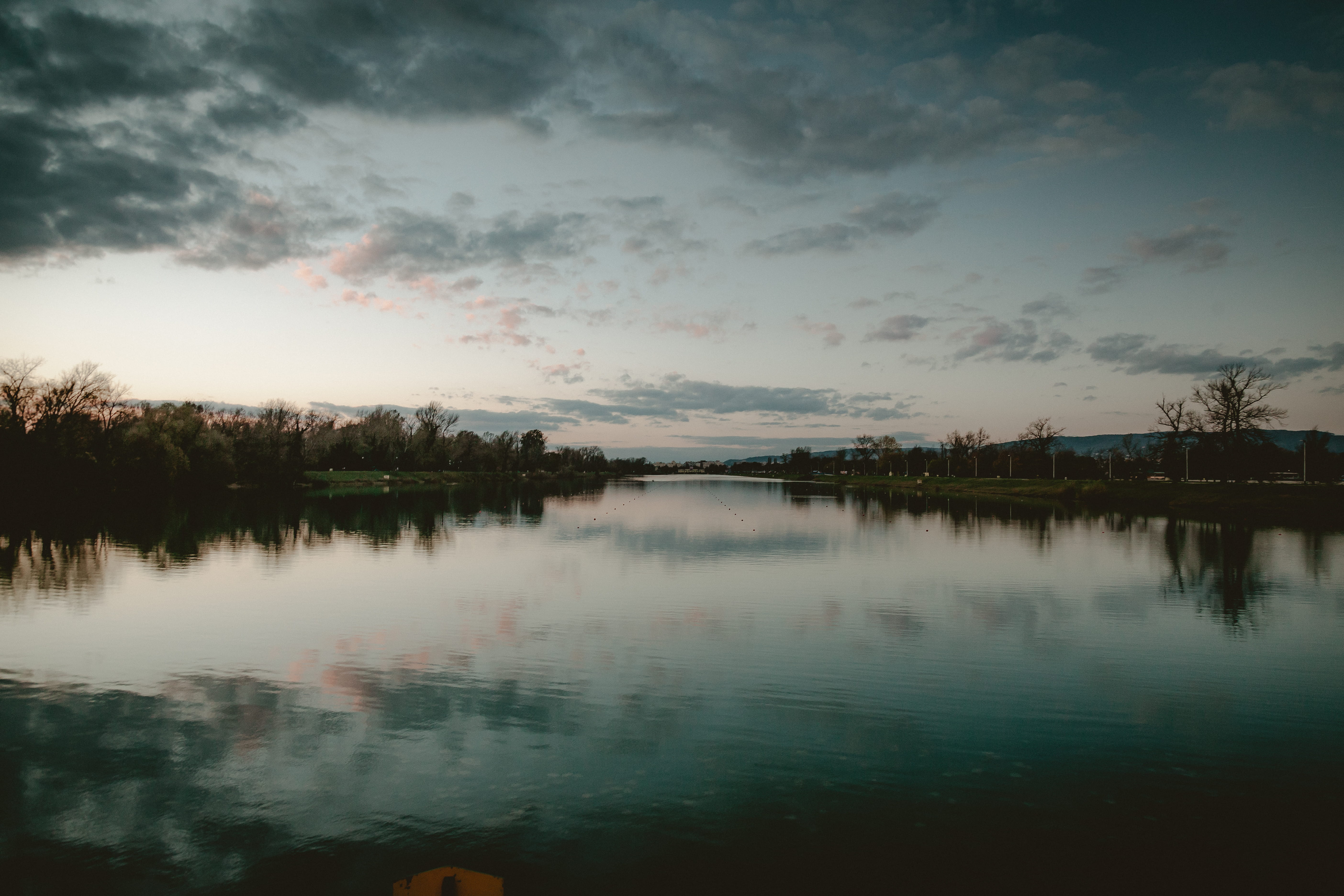 trees, lakes, forest, reflection, sunset, dusk, water, cloud - sky