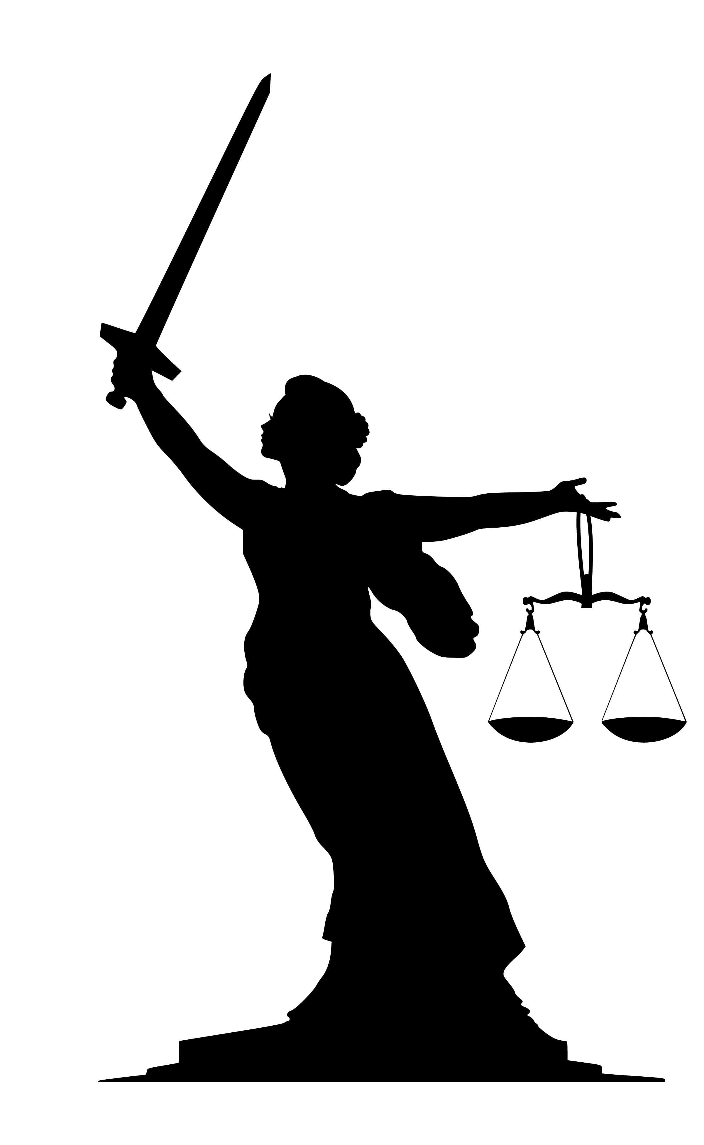 Silhouette of lady justice with raised sword., legal, scales