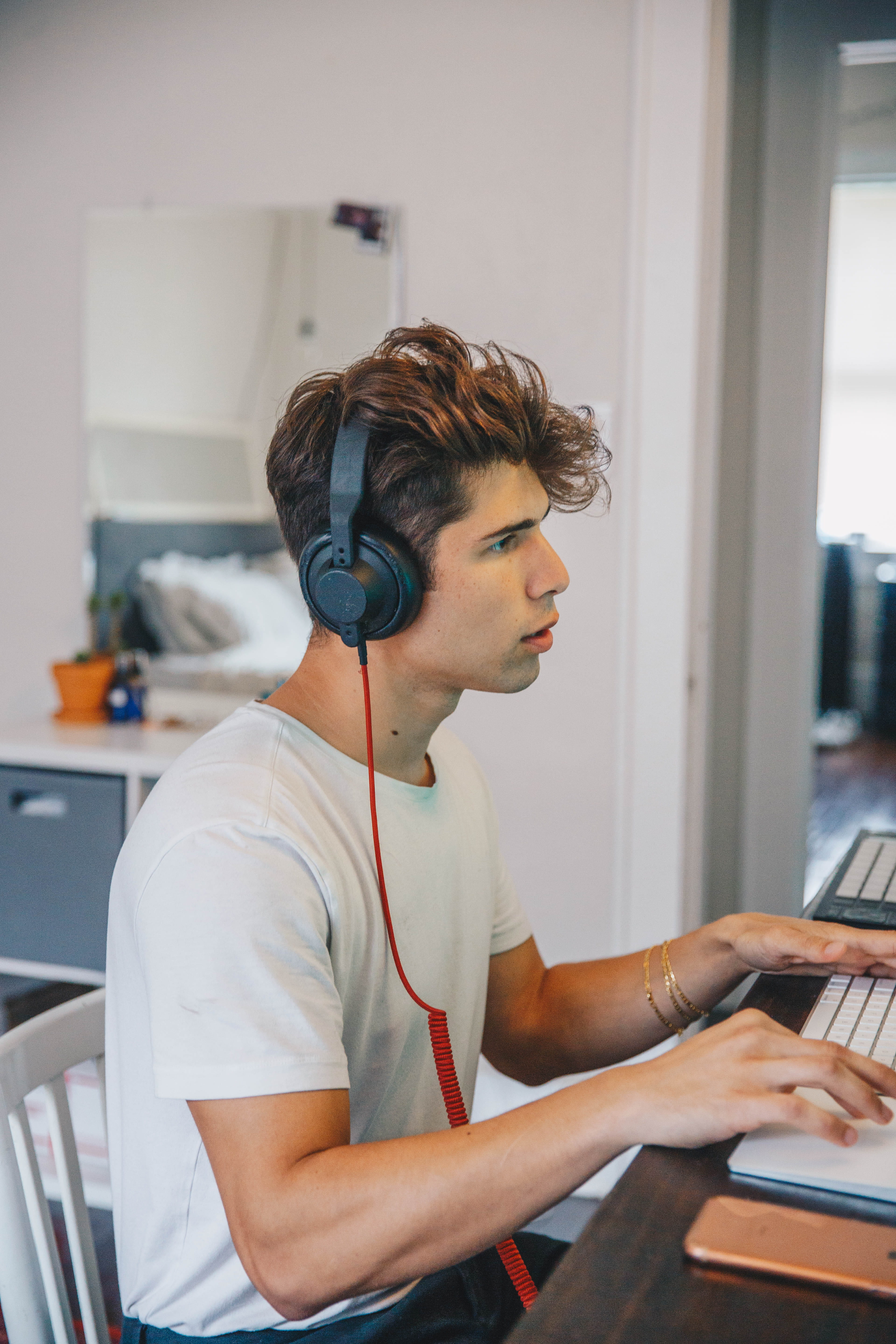 man using white keyboard, technology, computer, sitting, wireless technology