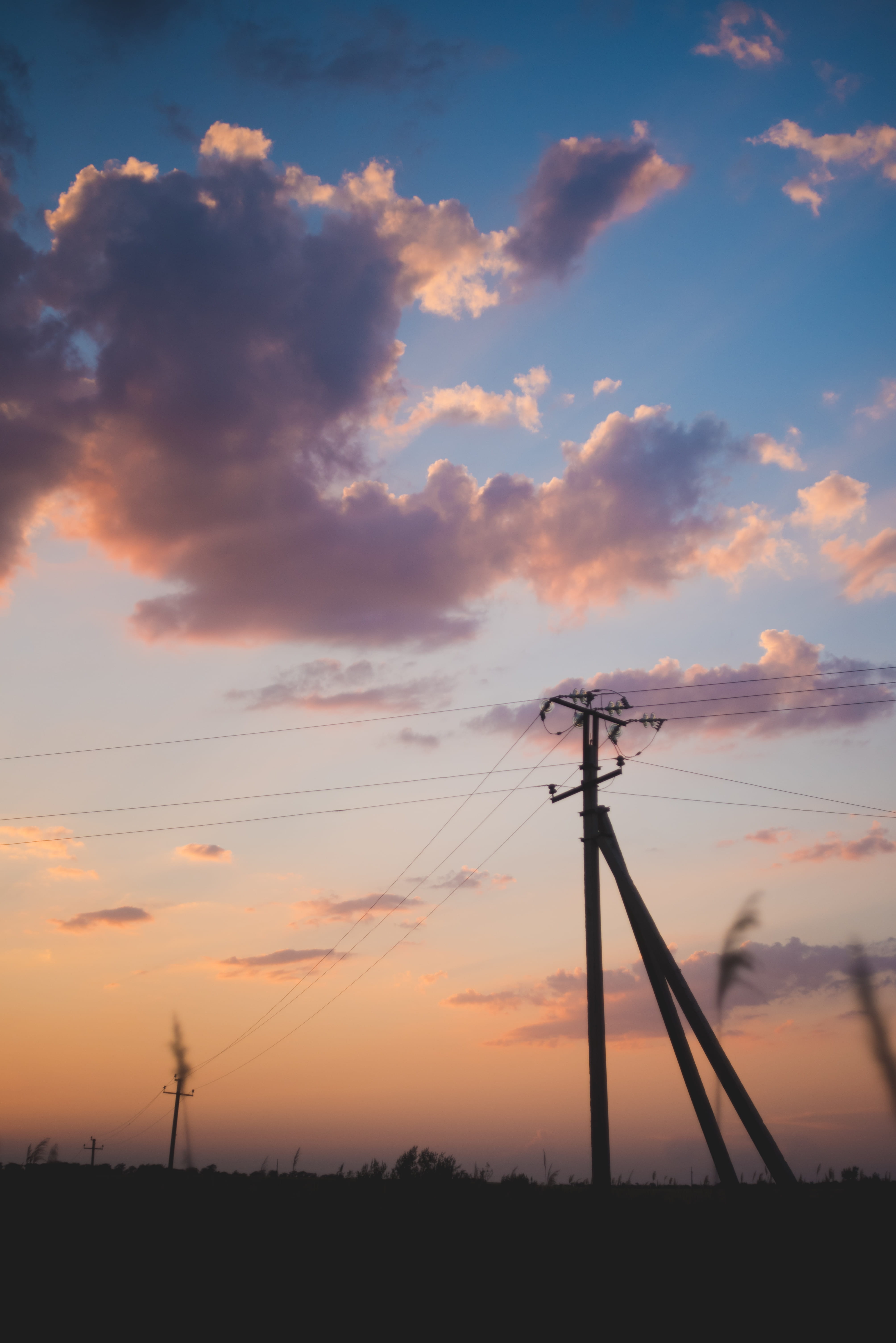 clouds, field, cloud - sky, sunset, technology, silhouette