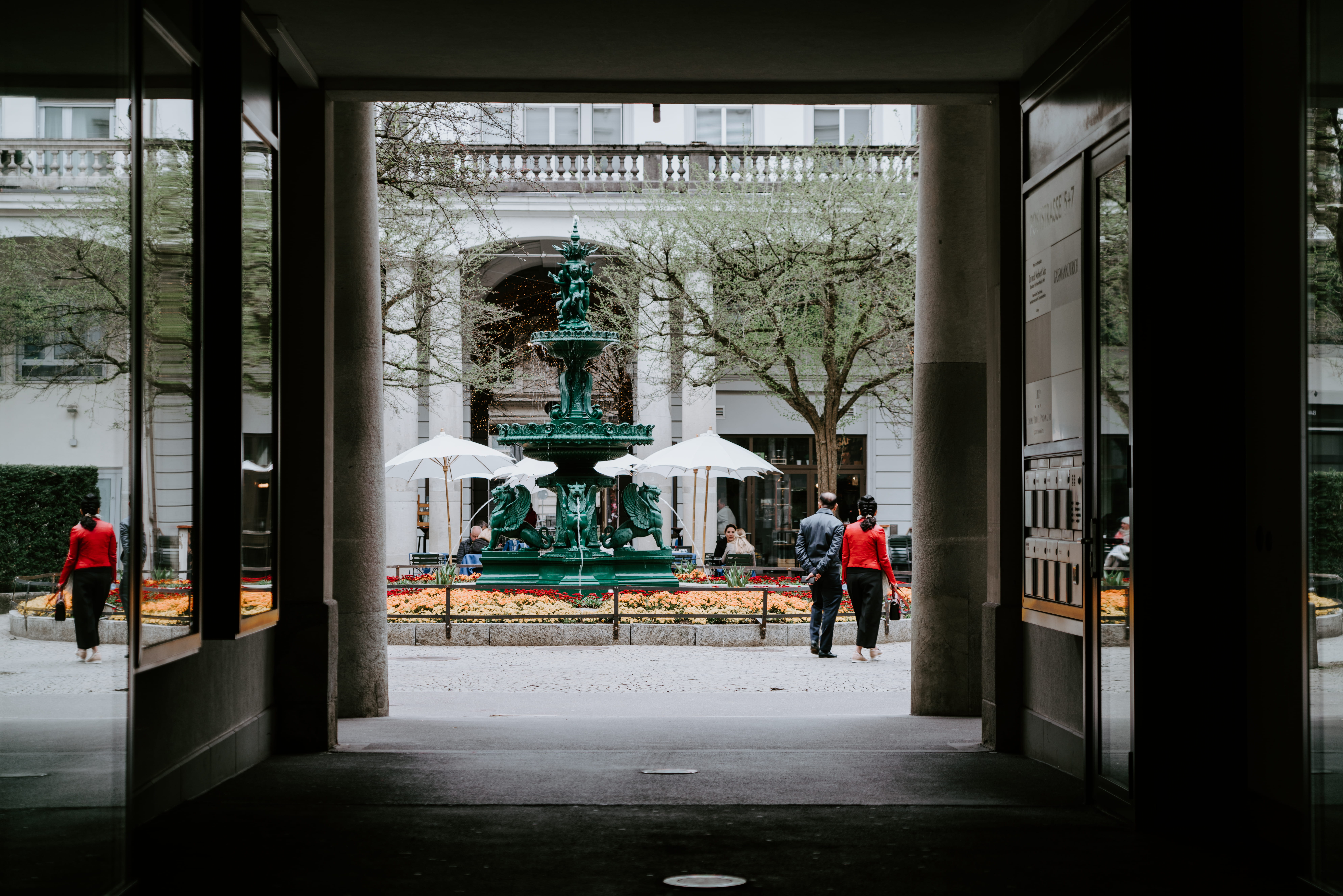 two person outside the building, architecture, built structure