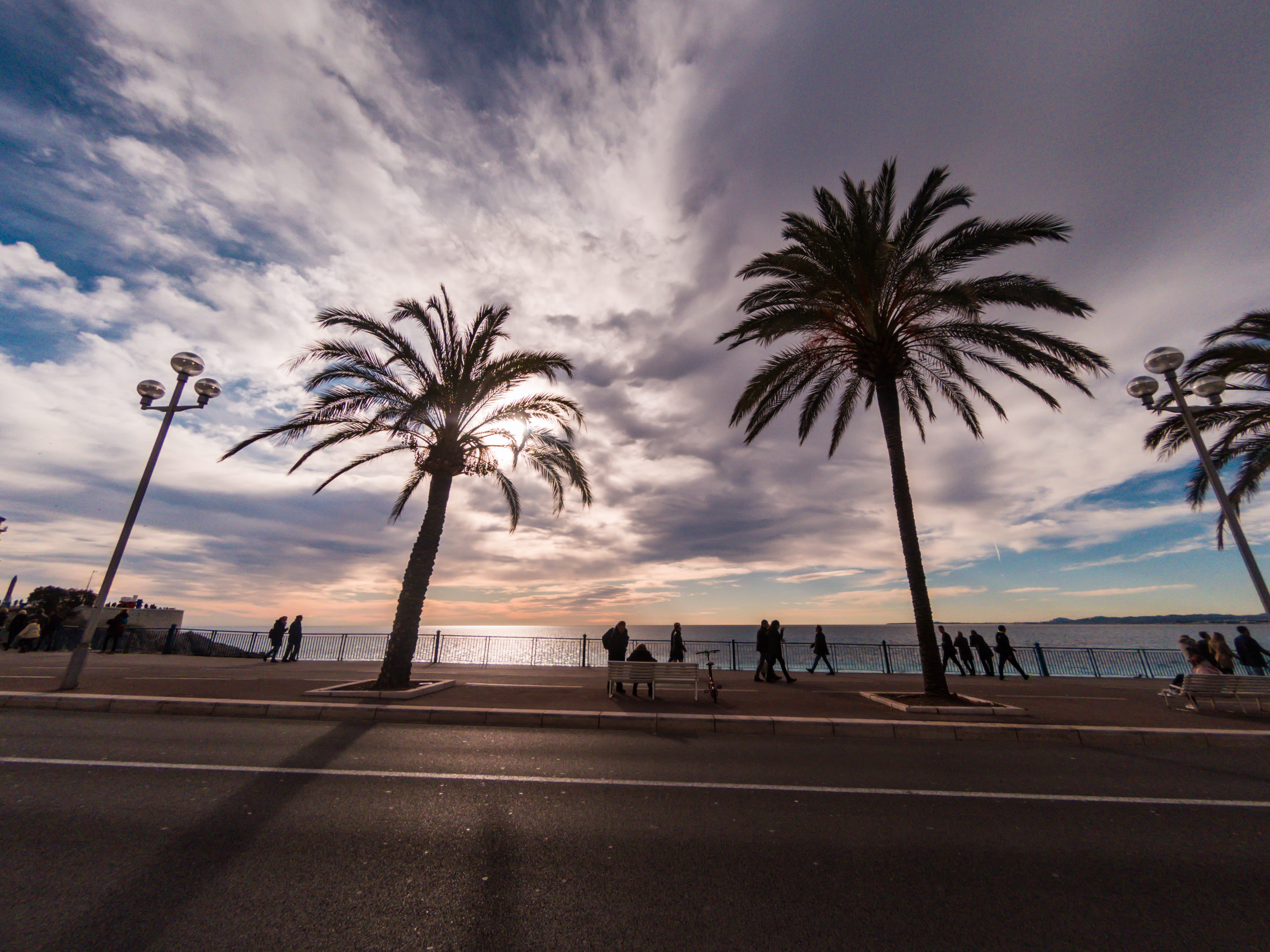 france, nice, promenade des anglais, clouds, benches, people