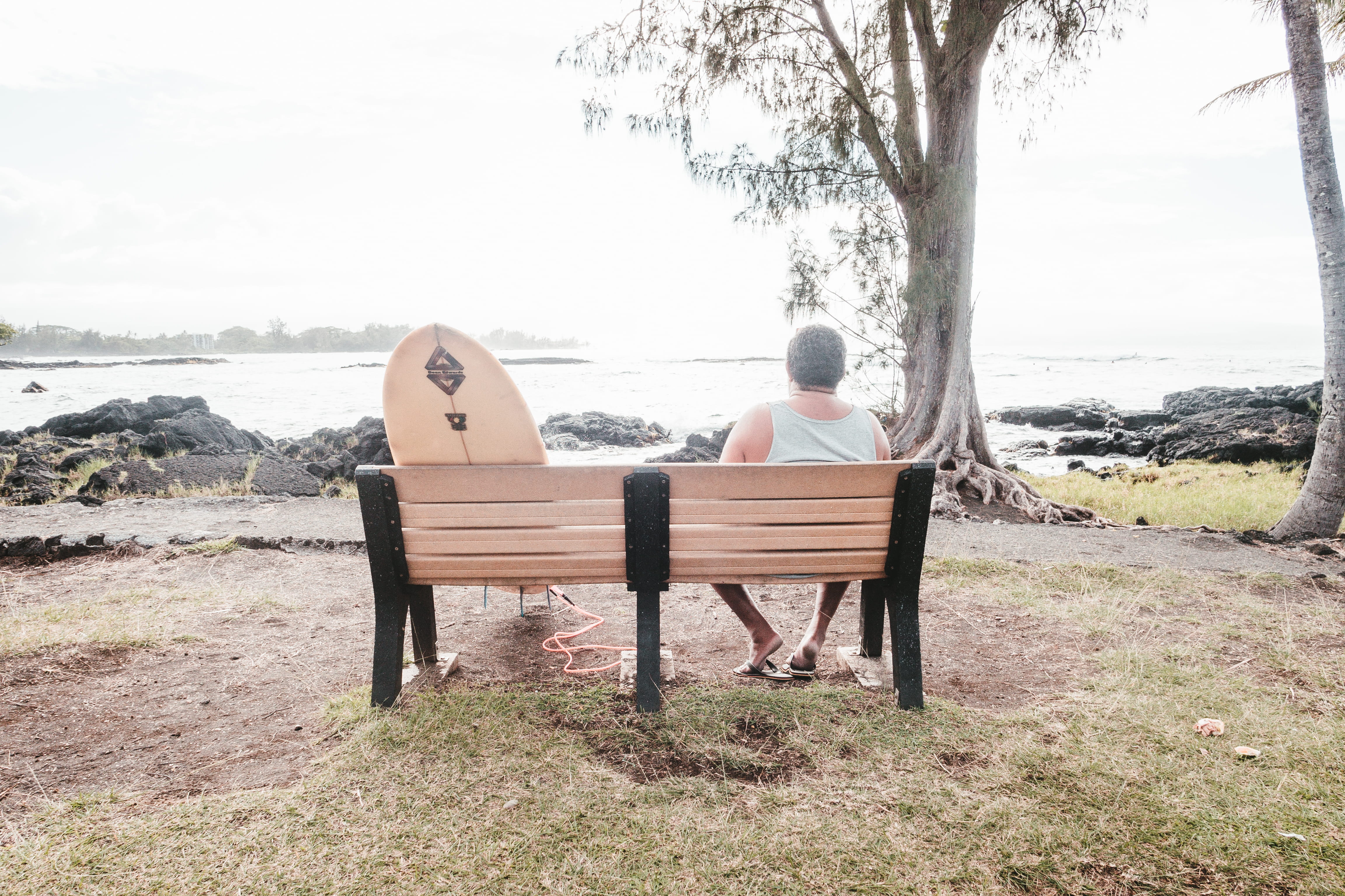 surfer, beach, surfboard, bench, sitting, leisure activity