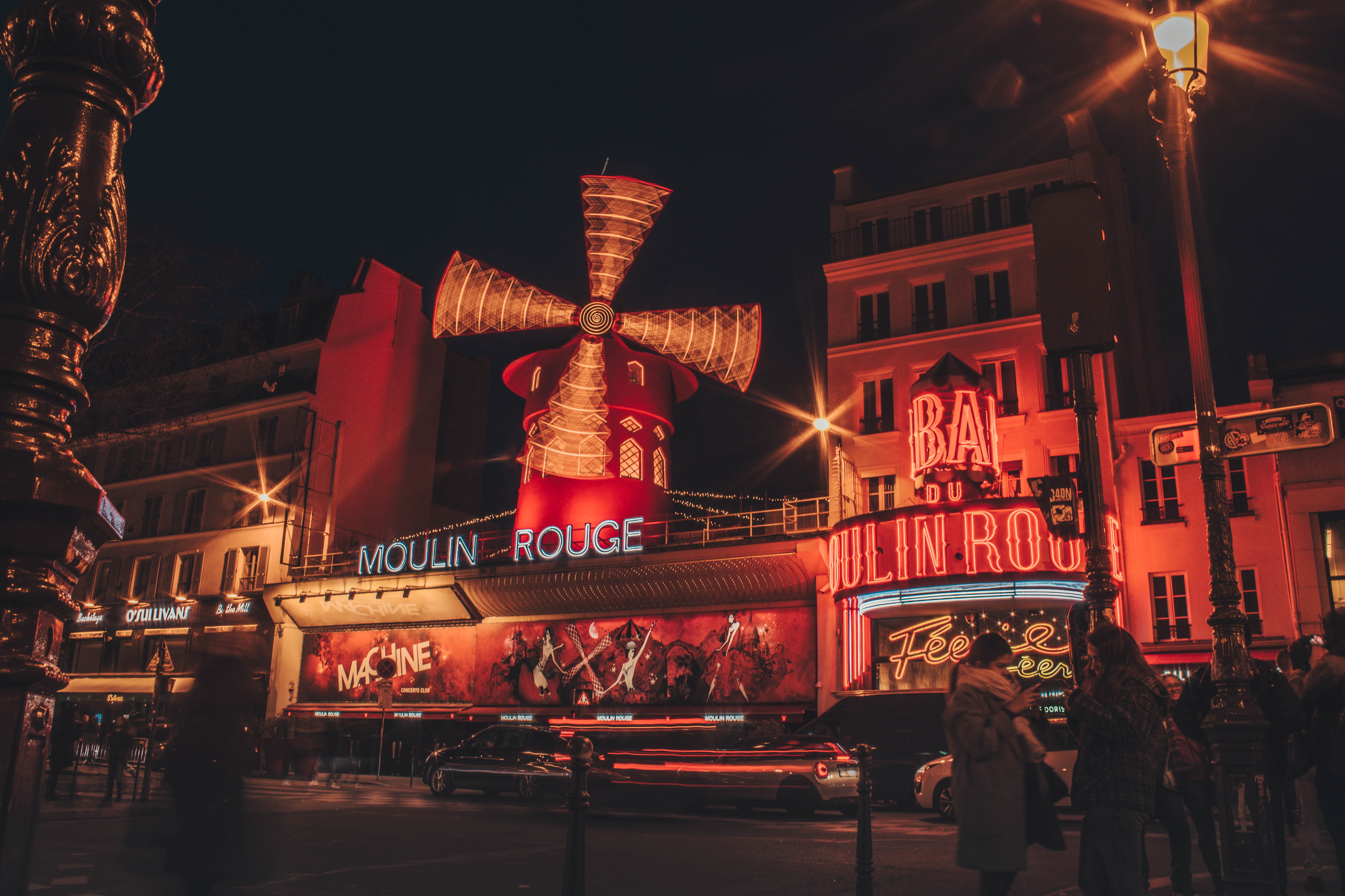 Moulin Rouge building during nighttime, illuminated, building exterior