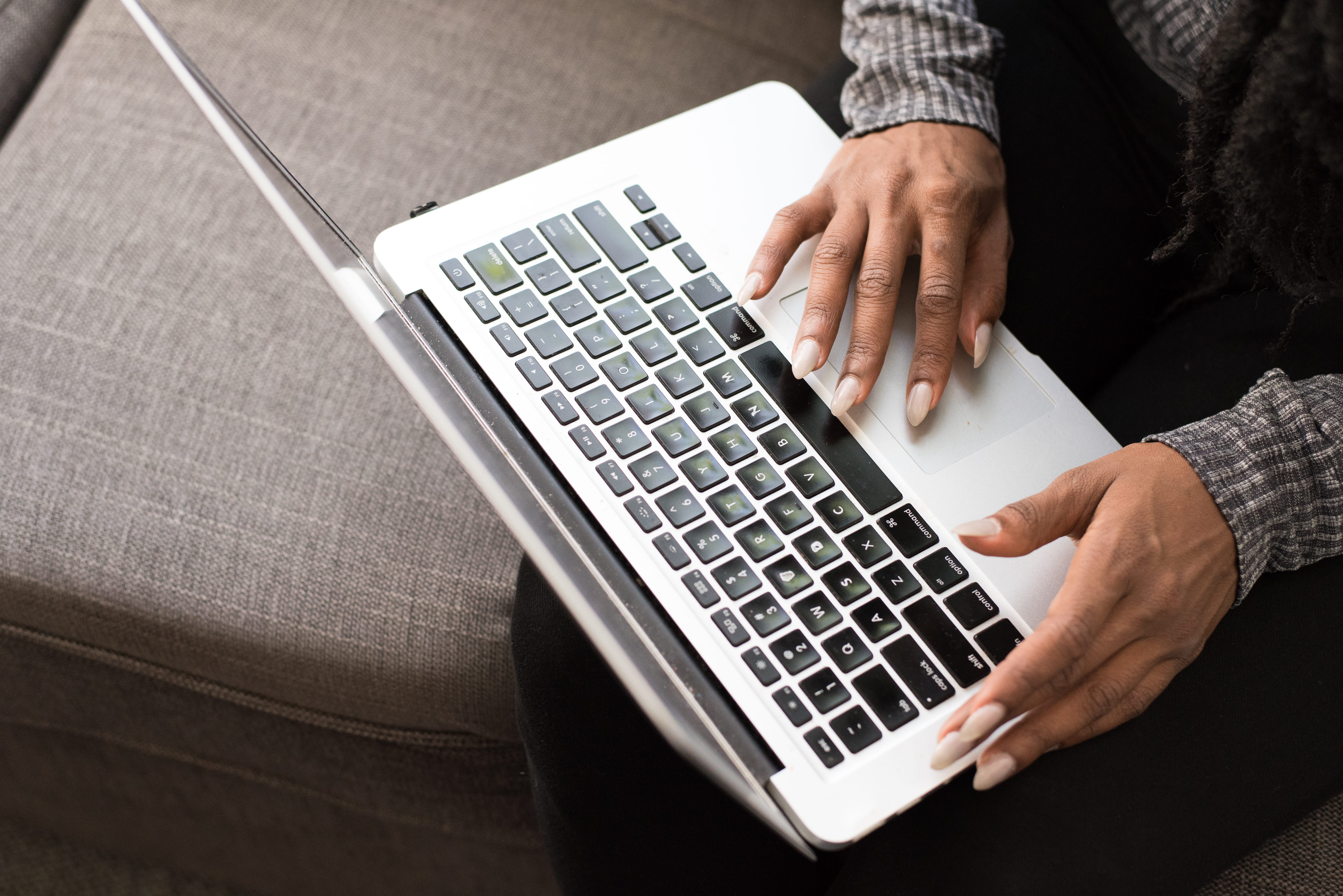 Person Using Silver Macbook, apple device, close-up, computer