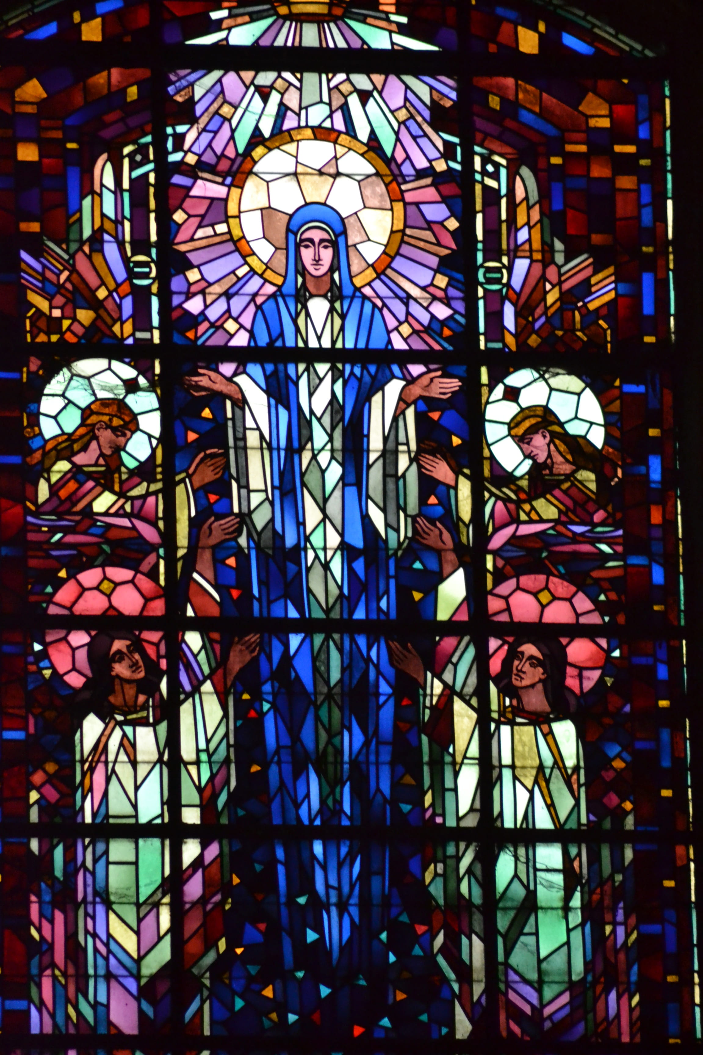 stained glass, colorful, woman, angels, assumption, mary, death